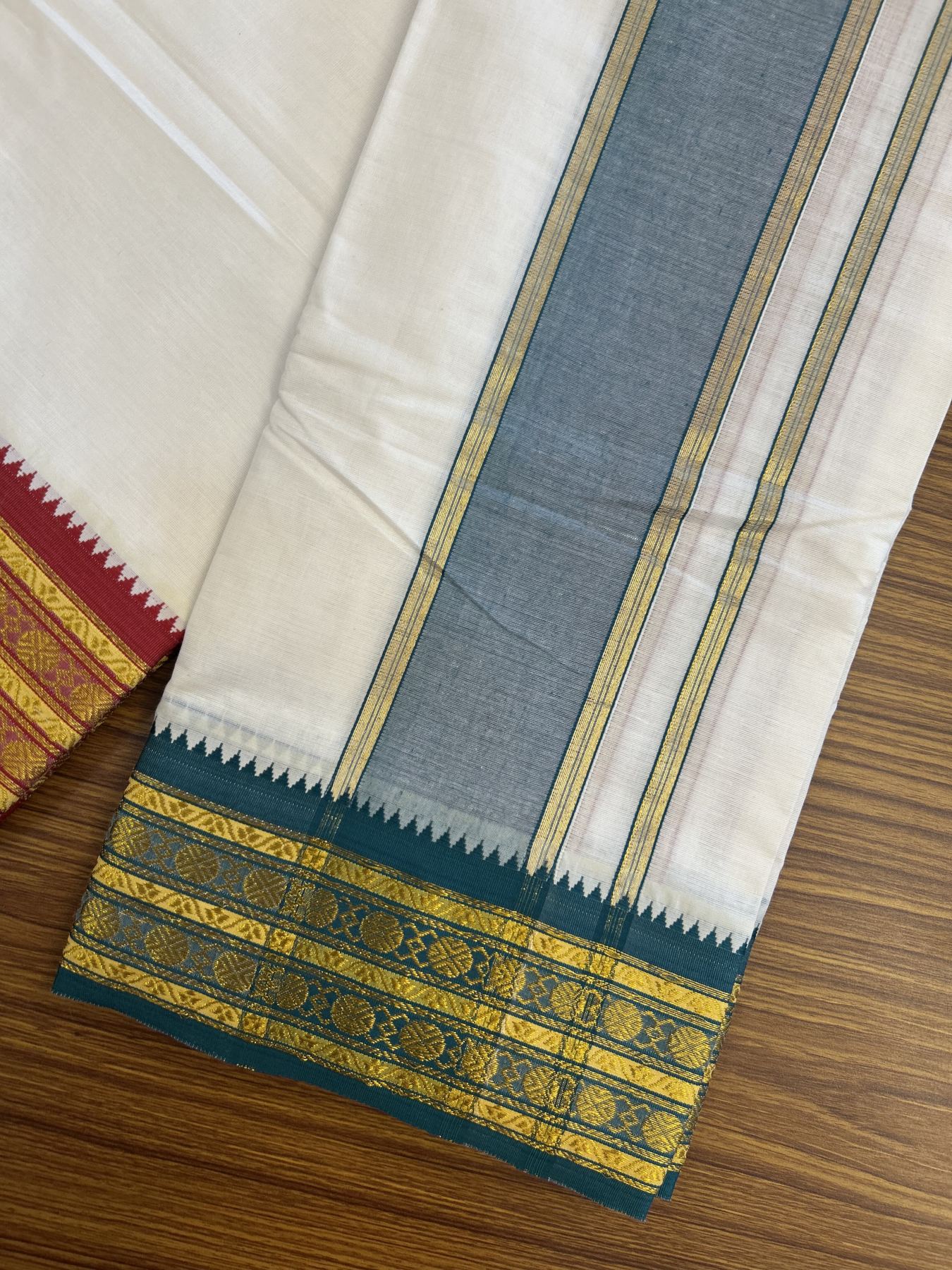 Panchakacham Dhoti - 20% Discount! Kaitharikada Balaramapuram Cotton Mix - Off White - (Unbleached) 80X90 thread - North Iindian- Attached Gamcha - 9x5 Dhoti - 3.25 inch Gold Kasav Green shaded kara - 27 KK8305 PMC