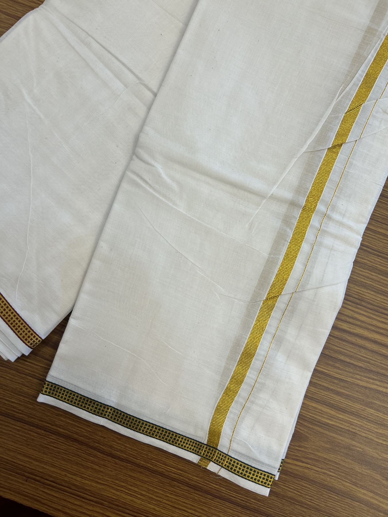 Panchakacham Dhoti - 20% Discount! Kaitharikada Balaramapuram Cotton Mix - Off White - (Unbleached) 80X90 thread - North Iindian- Attached Gamcha - 9x5 Dhoti - 0.5 inch Gold Kasav kara - 32 KK8305 PMC
