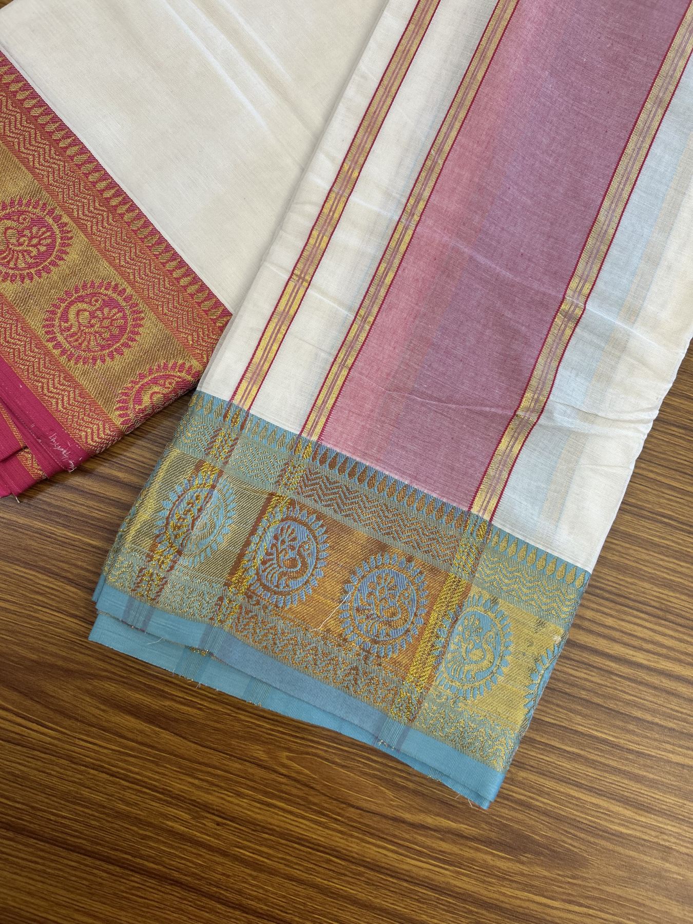 Panchakacham Dhoti - 20% Discount! Kaitharikada Balaramapuram Cotton Mix - Off White - (Unbleached) 80X90 thread - North Iindian- Attached Gamcha - 9x5 Dhoti - 4 inch Gold kasav & Pink Striped kara - 56 KK8305 PMC