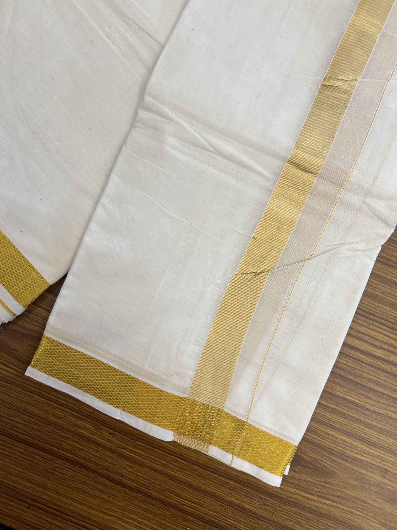 Panchakacham Dhoti - 20% Discount! Kaitharikada Balaramapuram Cotton Mix - Off White - (Unbleached) 80X90 thread - North Iindian- Attached Gamcha - 9x5 Dhoti - 1.25 inch Gold kasav kara - 57 KK8305 PMC