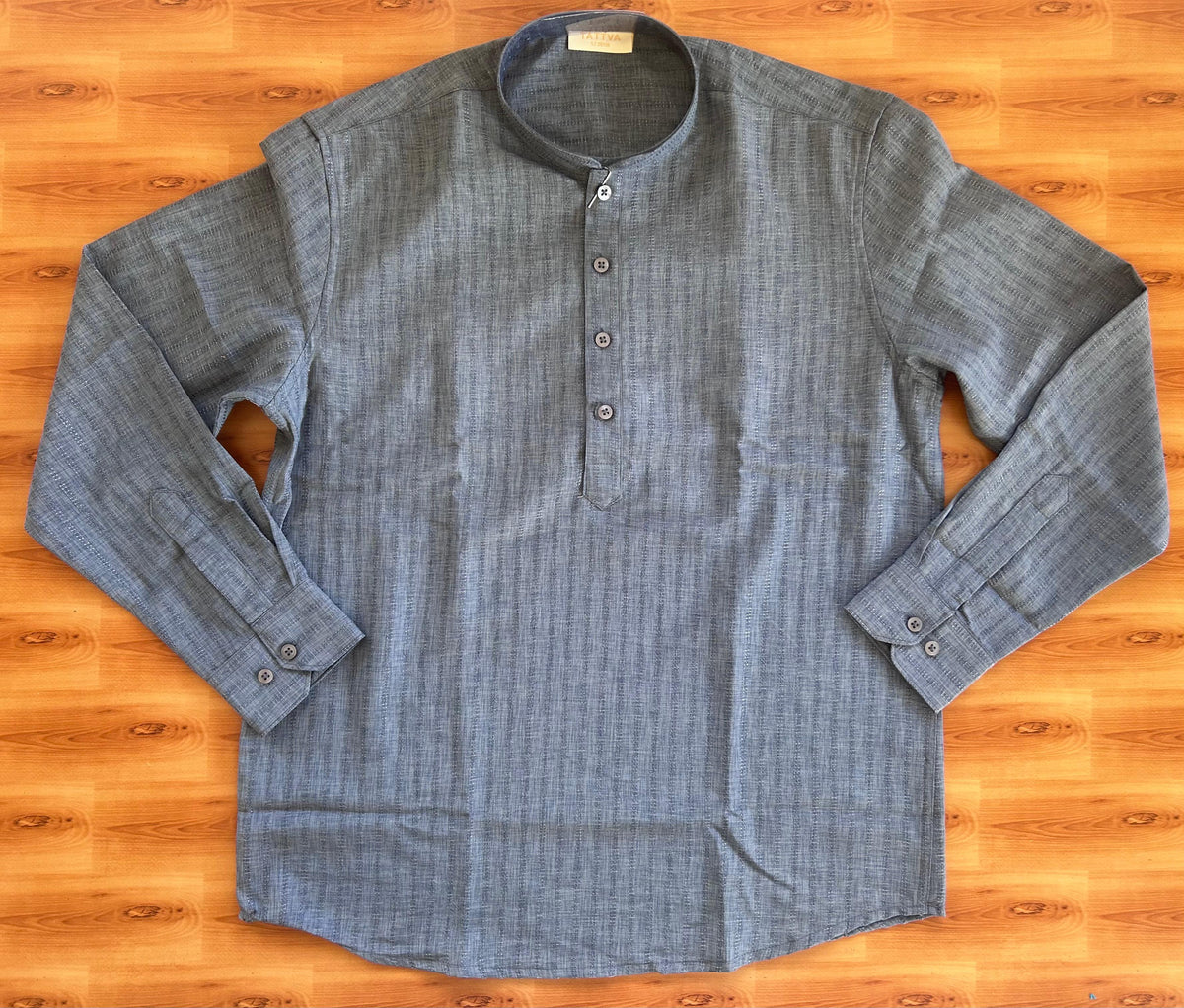 Short Kurtha Mixed cotton - Full Sleeve - KaithariKada - Blue Grey Striped Design Body - 6 KK9000 DTF