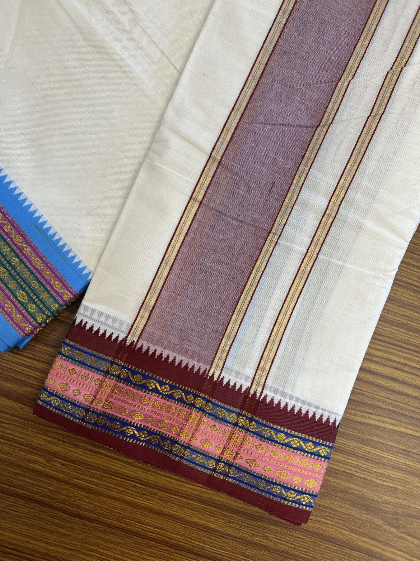 Panchakacham Dhoti - 20% Discount! Kaitharikada Balaramapuram Cotton Mix - Off White - (Unbleached) 80X90 thread - North Iindian- Attached Gamcha - 9x5 Dhoti - 3.25 inch Maroon & Light Blue shaded kara - 23 KK8305 PMC