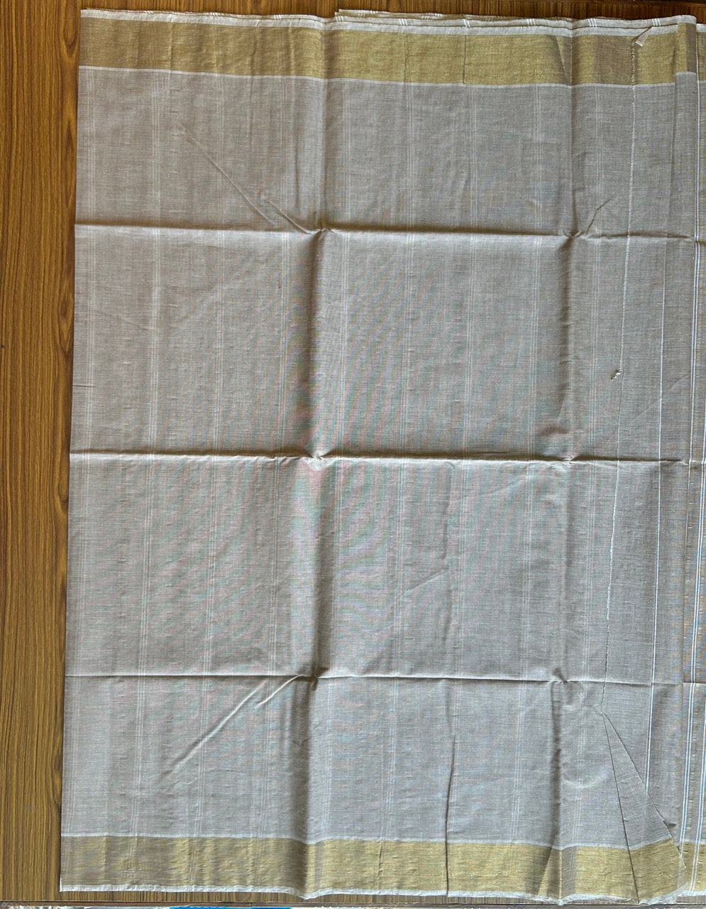 28% Discount! Kerala Colour Cotton Saree - Light Brown with kasavu & white stripes - Kaitharikada - 11KK1000PAN