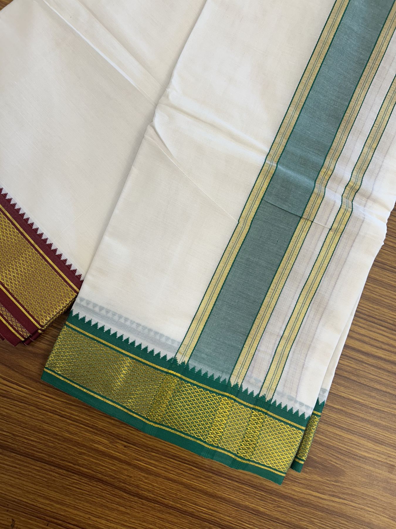 Panchakacham Dhoti - 20% Discount! Kaitharikada Balaramapuram Cotton Mix - Off White - (Unbleached) 80X90 thread - North Iindian- Attached Gamcha - 9x5 Dhoti - 2.5 inch Gold kasav & Green kara - 59 KK8305 PMC