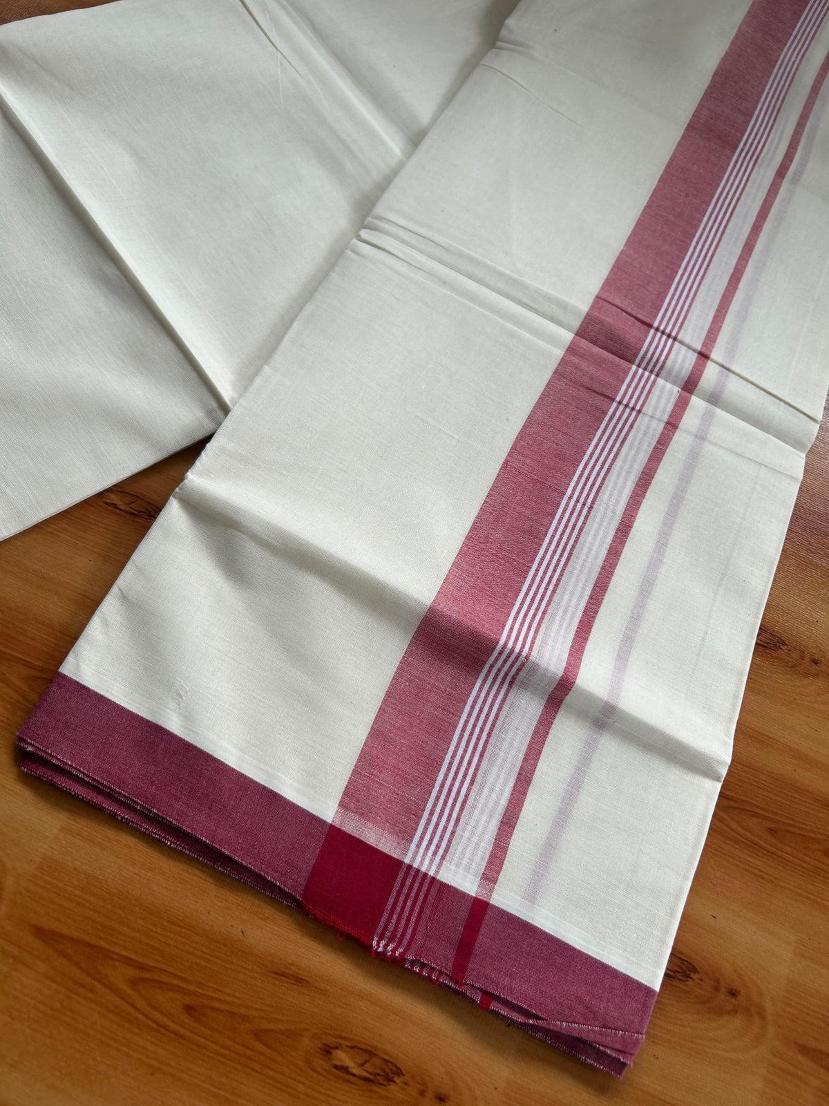 Double Off White (Unbleached) Mundu/Dhoti - 20% Discount! KaithariKada Pulimood 100% Cotton 80x72 - 1.75 inch Maroon Shaded Striped Kara - 4 mtr (8.5 muzham) - 21 KK5553 STH