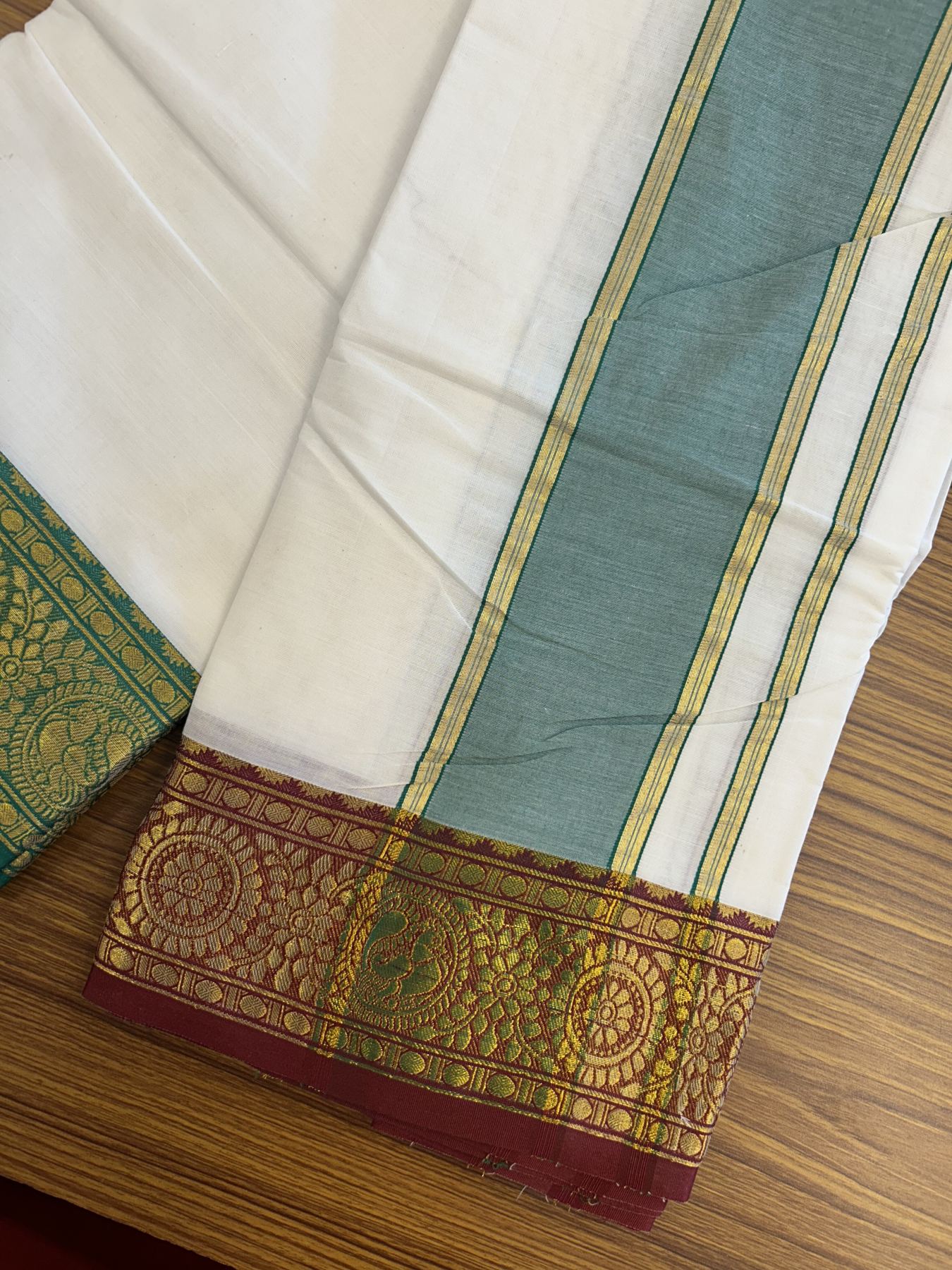 Panchakacham Dhoti - 20% Discount! Kaitharikada Balaramapuram Cotton Mix - Off White - (Unbleached) 80X90 thread - North Iindian- Attached Gamcha - 9x5 Dhoti - 4 inch Gold kasav Maroon & Green kara - 20 KK8305 PMC