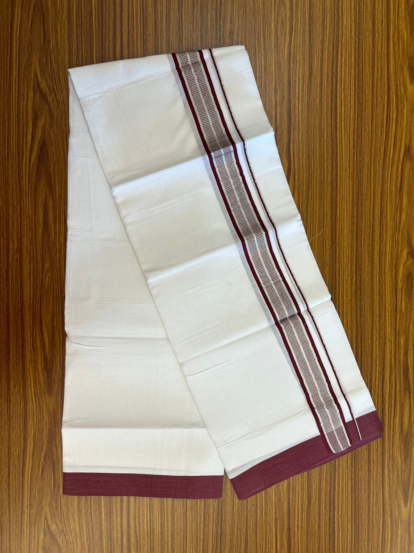 Pure White Double 20% Discount! KaithariKada 100% Cotton Pure Cotton Double Mundu / Dhoti - 100x80 - 1.5 inch Maroon Jacquard Silver Kasav Kara 3.80 meter (8 muzham) - 100 KK5220 THI