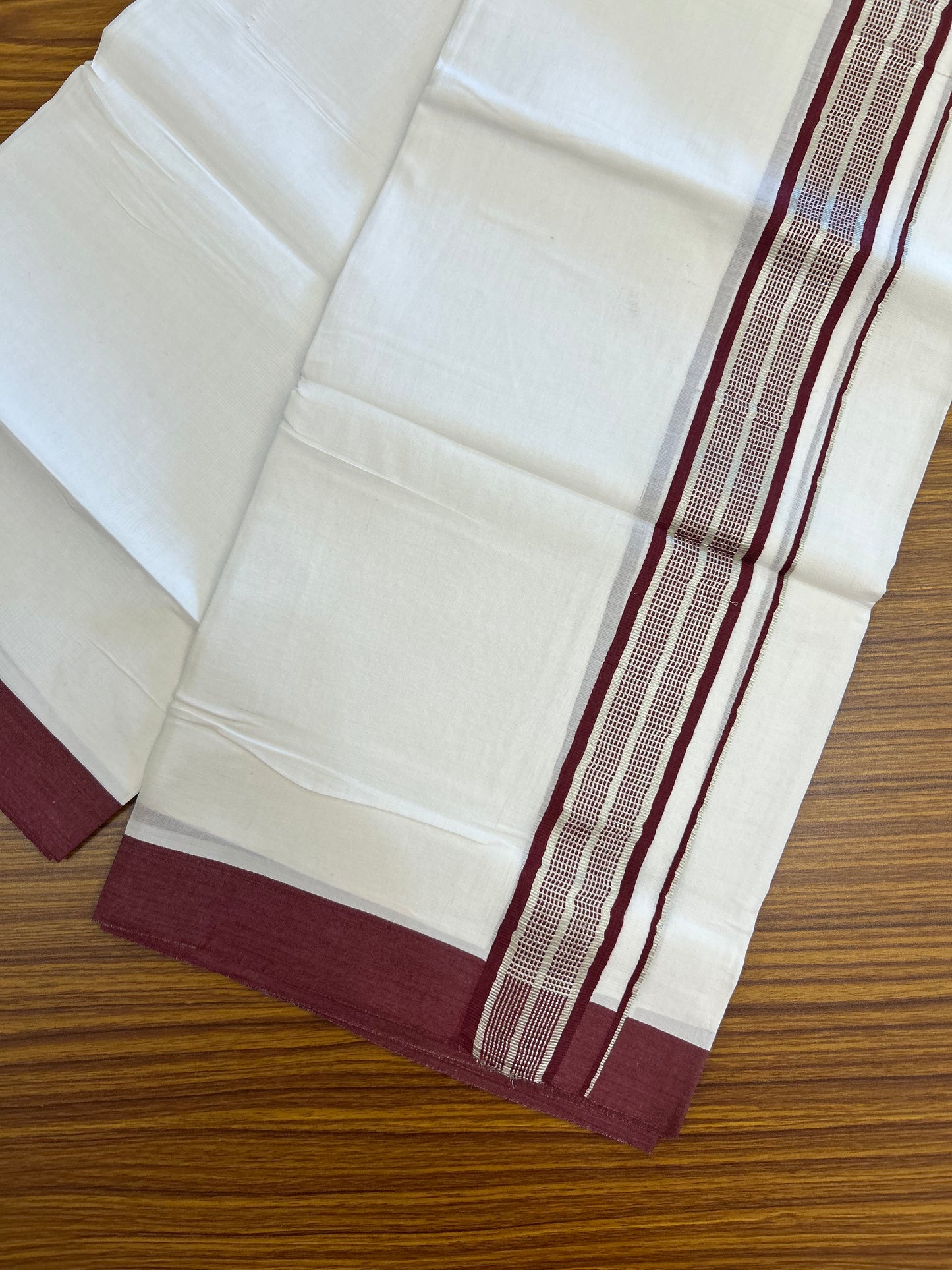 Pure White Double 20% Discount! KaithariKada 100% Cotton Pure Cotton Double Mundu / Dhoti - 100x80 - 1.5 inch Maroon Jacquard Silver Kasav Kara 3.80 meter (8 muzham) - 100 KK5220 THI