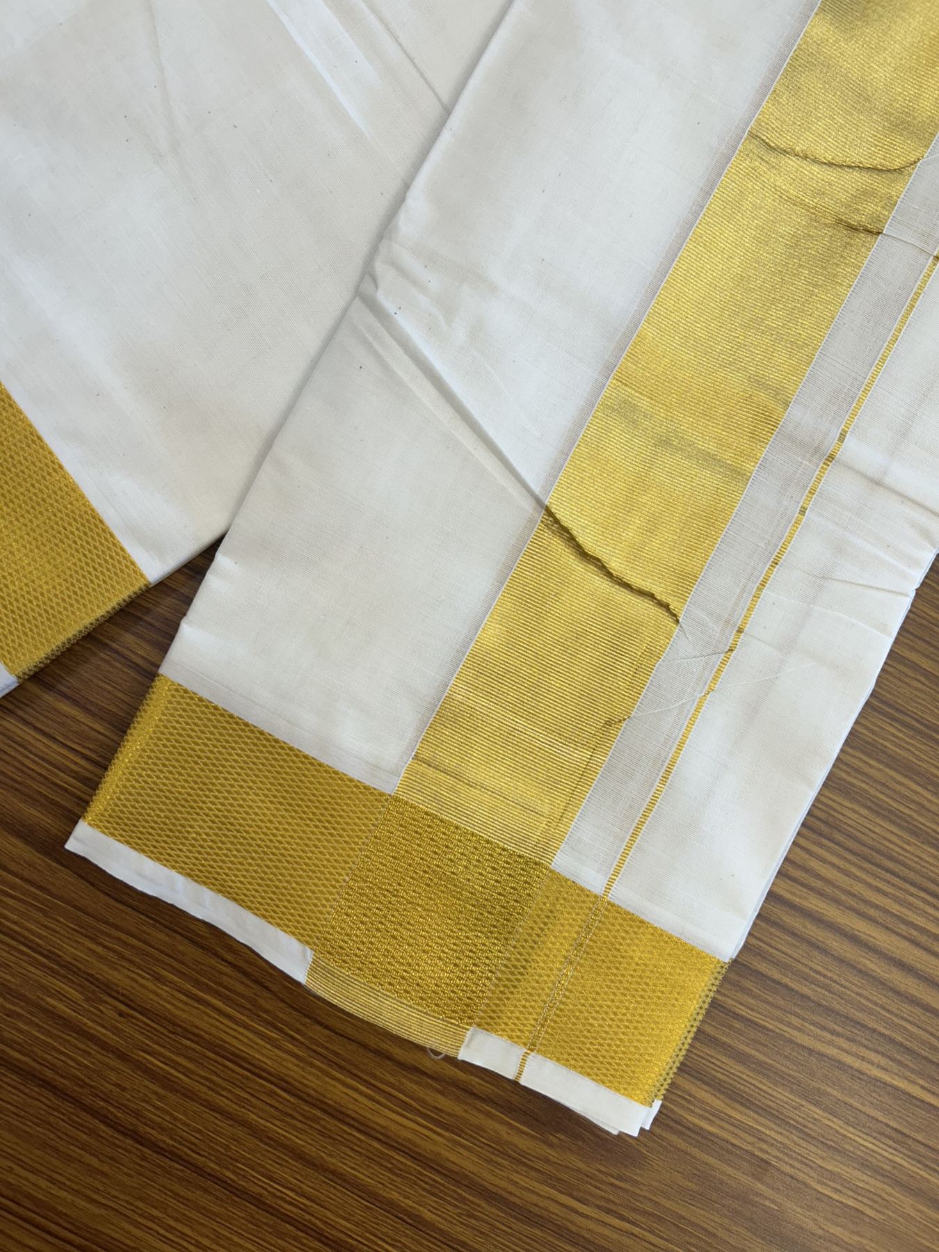 Panchakacham Dhoti - 20% Discount! Kaitharikada Balaramapuram Cotton Mix - Off White - (Unbleached) 80X90 thread - North Iindian- Attached Gamcha - 9x5 Dhoti - 2.5 inch Gold kasav kara - 46 KK8305 PMC