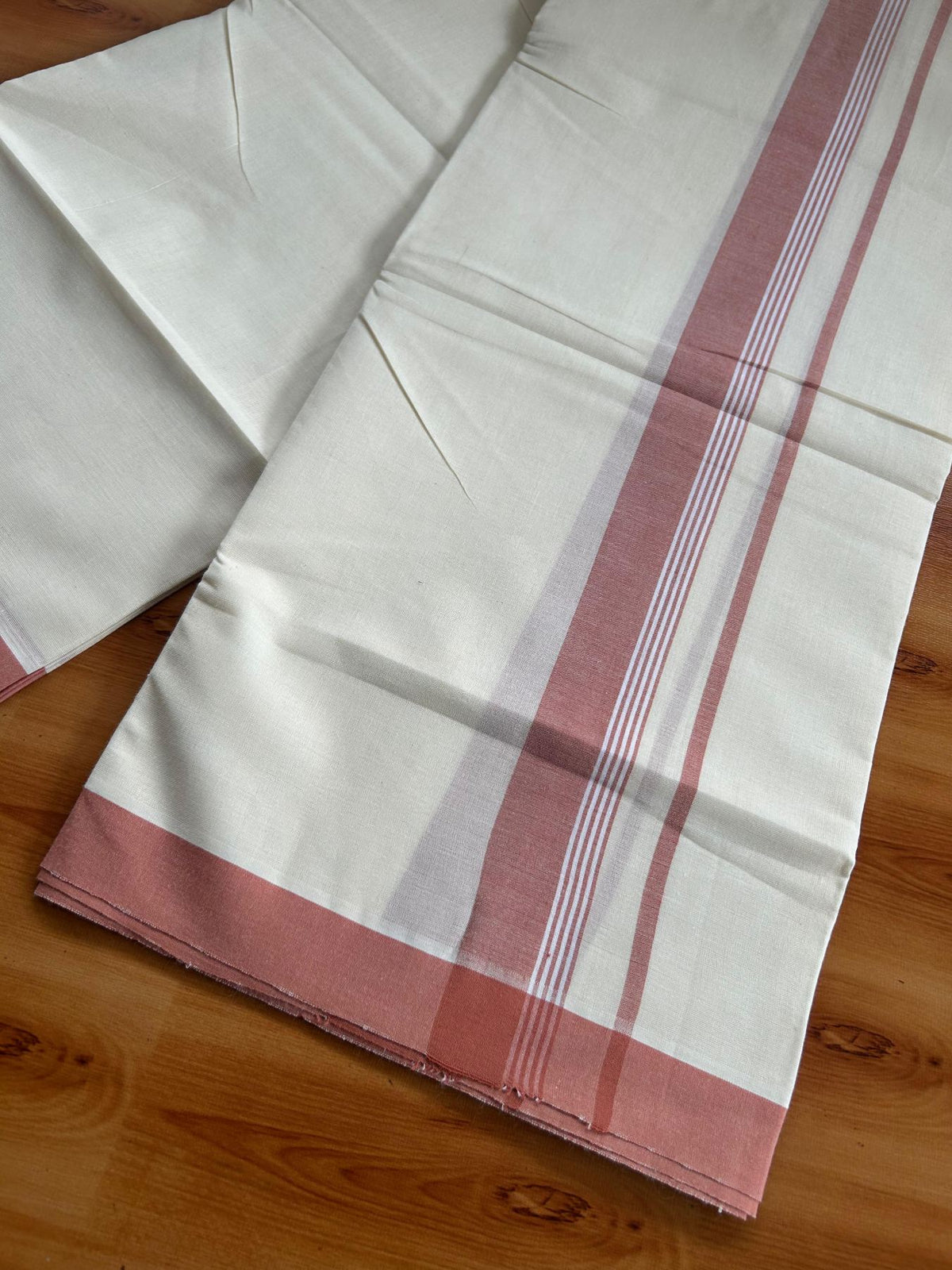 Double Off White (Unbleached) Mundu/Dhoti - 20% Discount! KaithariKada Pulimood 100% Cotton 80x72 - 1.5 inch Copper Peach Shaded Striped Kara - 4 mtr (8.5 muzham) - 24 KK5553 STH