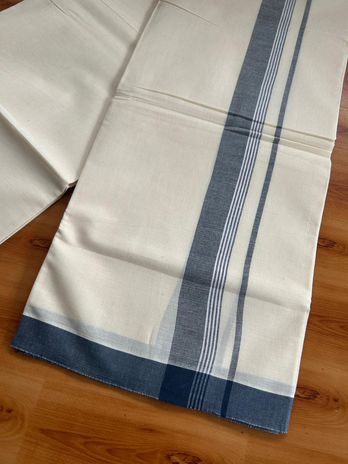 Double Off White (Unbleached) Mundu/Dhoti - 20% Discount! KaithariKada Pulimood 100% Cotton 80x72 - 1.5 inch Peacock Blue Shaded Striped Kara - 4 mtr (8.5 muzham) - 25 KK5553 STH