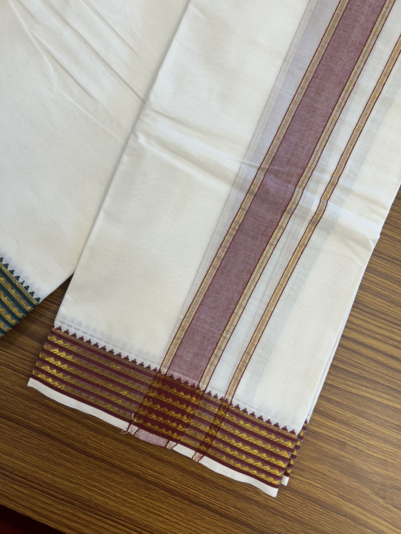 Panchakacham Dhoti - 20% Discount! Kaitharikada Balaramapuram Cotton Mix - Off White - (Unbleached) 80X90 thread - North Iindian- Attached Gamcha - 9x5 Dhoti - 2 inch Gold kasav Maroon & Green Striped Design kara - 47 KK8305 PMC