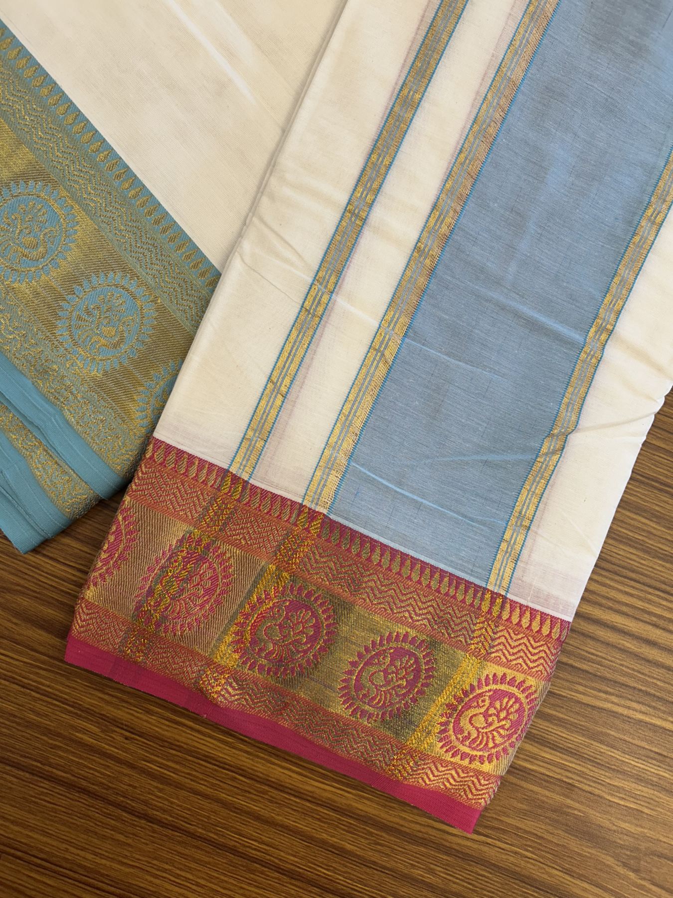 Panchakacham Dhoti - 20% Discount! Kaitharikada Balaramapuram Cotton Mix - Off White - (Unbleached) 80X90 thread - North Iindian- Attached Gamcha - 9x5 Dhoti - 4.5 inch Gold kasav Pink & Blue Design kara - 48 KK8305 PMC