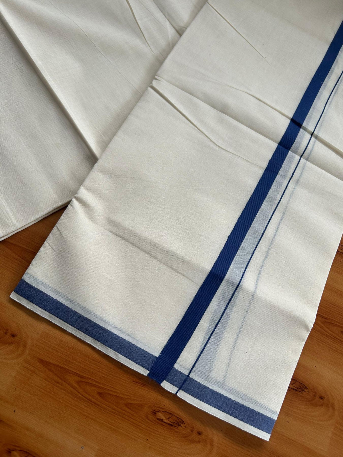 Double Off White (Unbleached) Mundu/Dhoti - 20% Discount! KaithariKada Pulimood 100% Cotton 80x72 - 0.5 inch Navy Blue Kara - 4 mtr (8.5 muzham) - 49 KK5553 STH