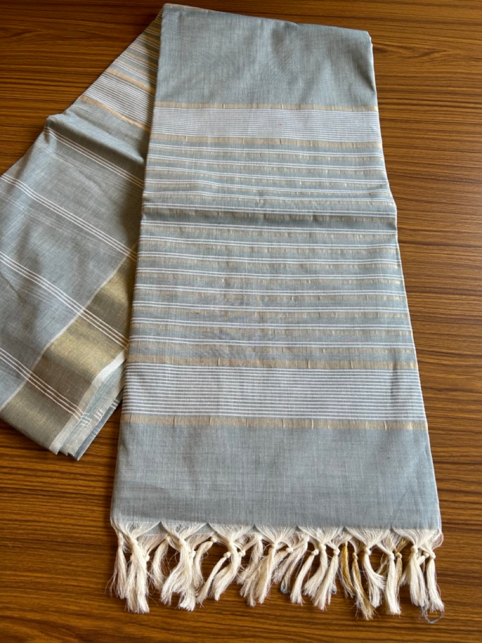 28% Discount! Kerala Colour Cotton Saree - Ash Blue Green with kasavu & white stripes - Kaitharikada - 12KK1009KK