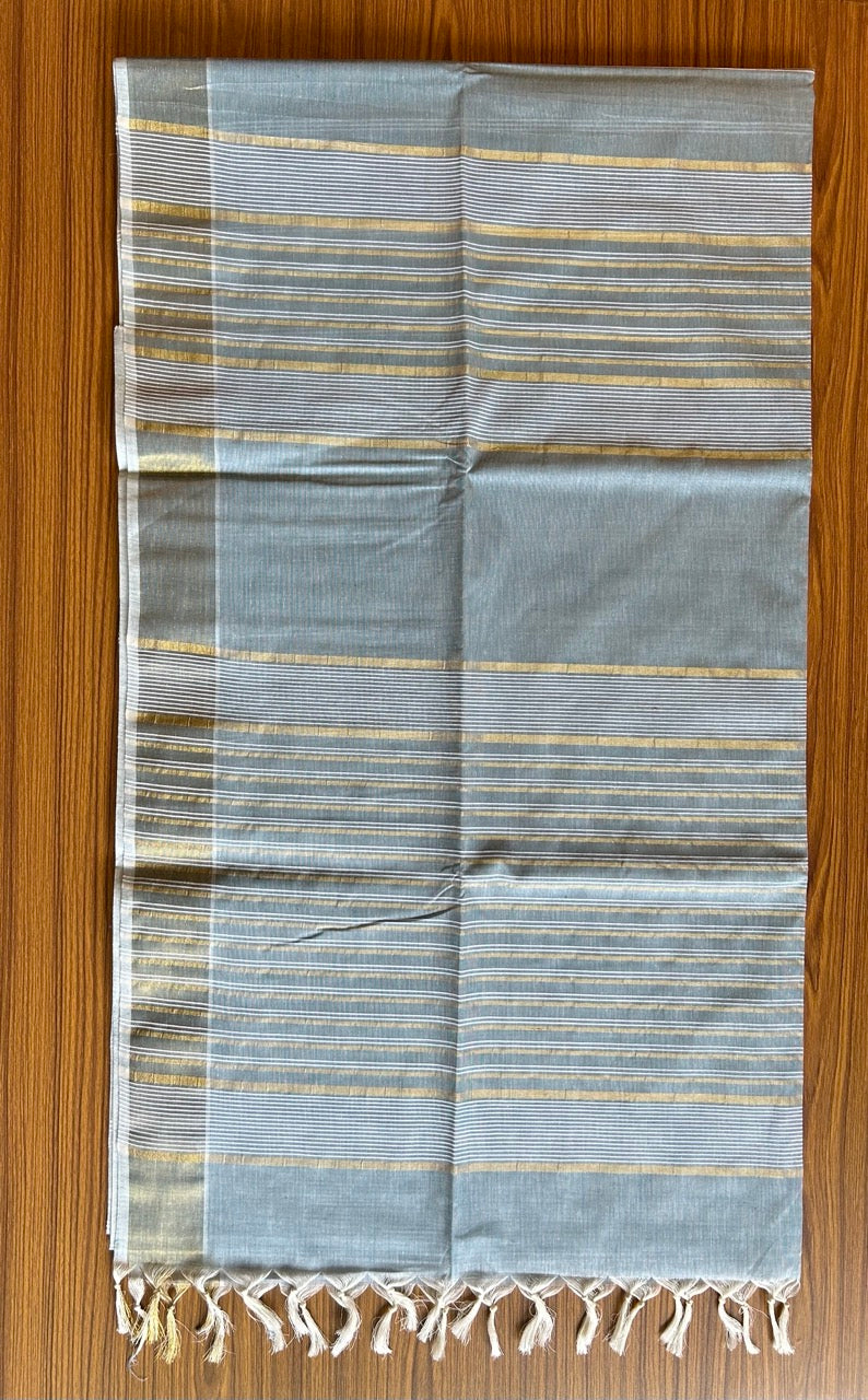 28% Discount! Kerala Colour Cotton Saree - Ash Blue Green with kasavu & white stripes - Kaitharikada - 12KK1009KK