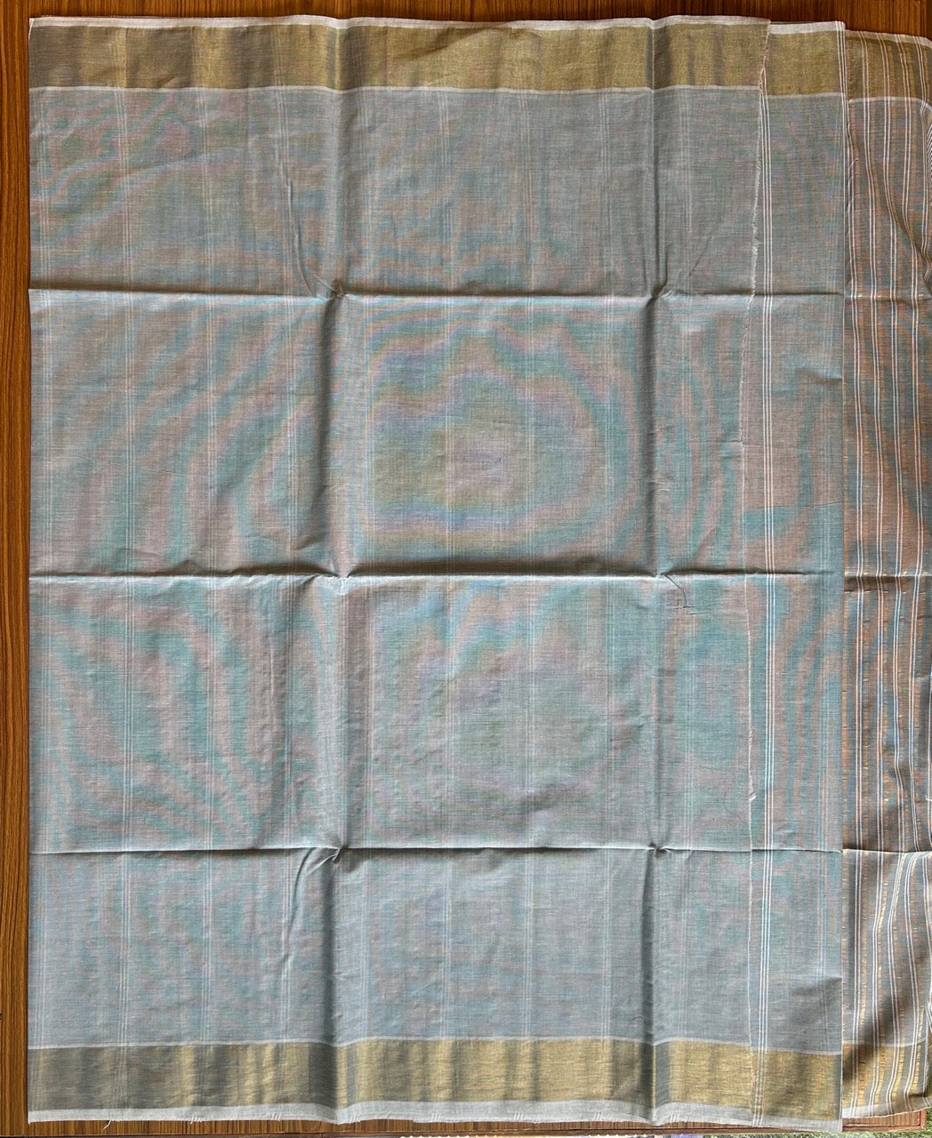 28% Discount! Kerala Colour Cotton Saree - Ash Blue Green with kasavu & white stripes - Kaitharikada - 12KK1009KK