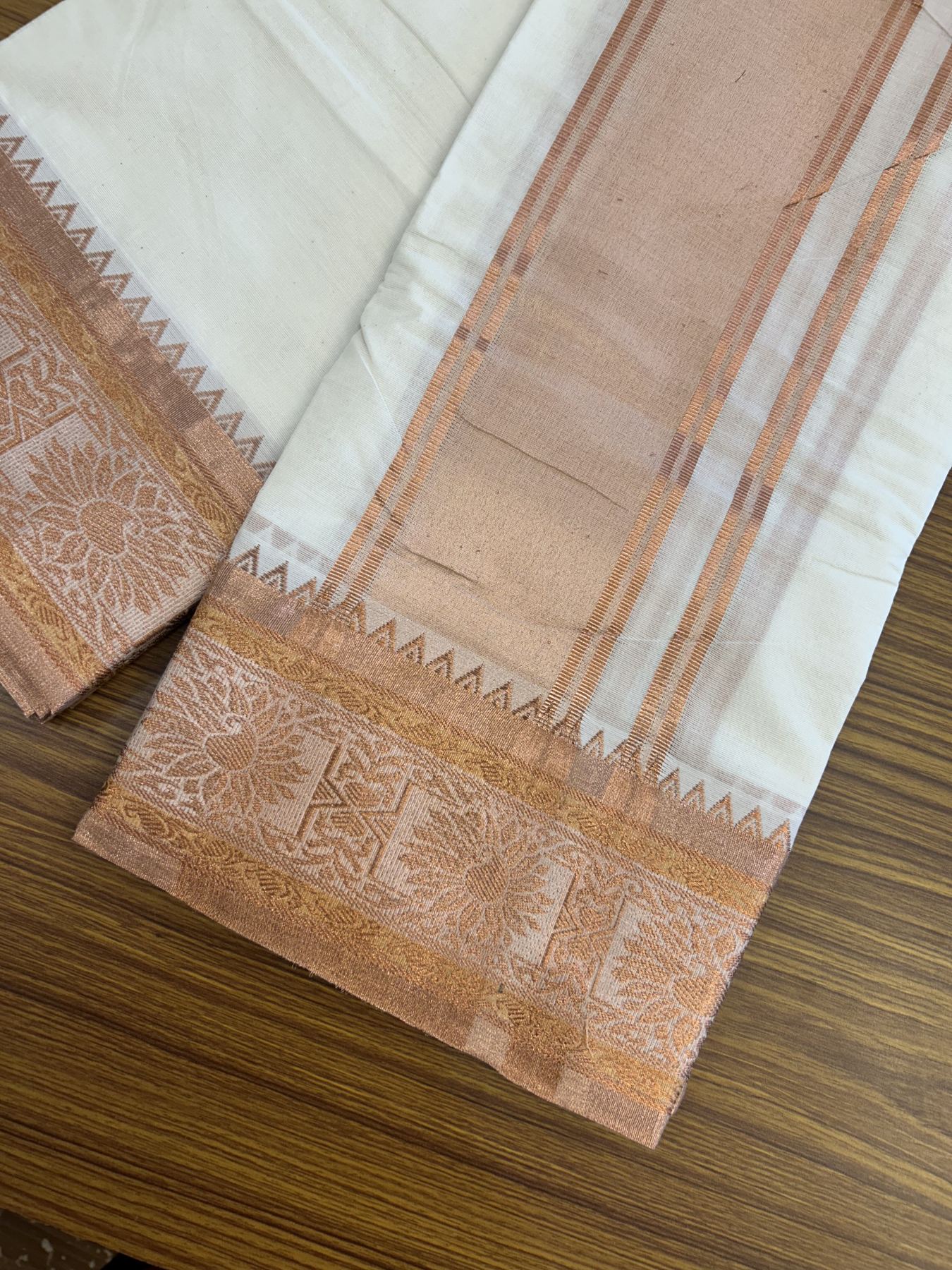 Panchakacham Dhoti - 20% Discount! Kaitharikada Balaramapuram Cotton Mix - Off White - (Unbleached) 80X90 thread - North Iindian- Attached Gamcha - 9x5 Dhoti - 4 inch Copper kasav shaded kara - 30 KK8305 PMC