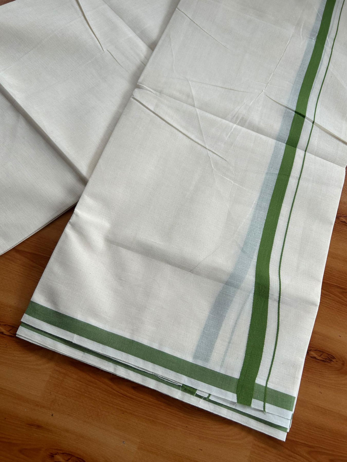 Double Off White (Unbleached) Mundu/Dhoti - 20% Discount! KaithariKada Pulimood 100% Cotton 80x72 - 0.5 inch Parrot Green Kara - 4 mtr (8.5 muzham) - 48 KK5553 STH
