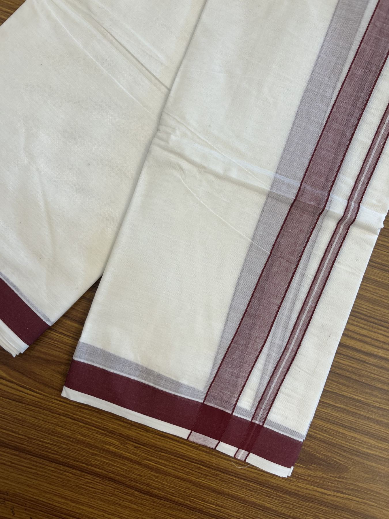 Panchakacham Dhoti - 20% Discount! Kaitharikada Balaramapuram Cotton Mix - Off White - (Unbleached) 80X90 thread - North Iindian- Attached Gamcha - 9x5 Dhoti - 1 inch Maroon shaded kara - 38 KK8305 PMC