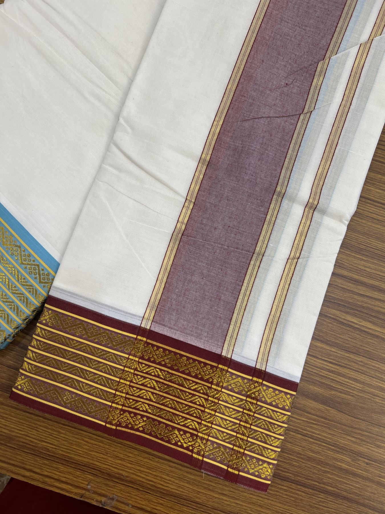 Panchakacham Dhoti - 20% Discount! Kaitharikada Balaramapuram Cotton Mix - Off White - (Unbleached) 80X90 thread - North indian - Attached Gamcha - 9x5 Dhoti - 3.25 inch Gold Kasav Maroon shaded kara - 39 KK8305 PMC