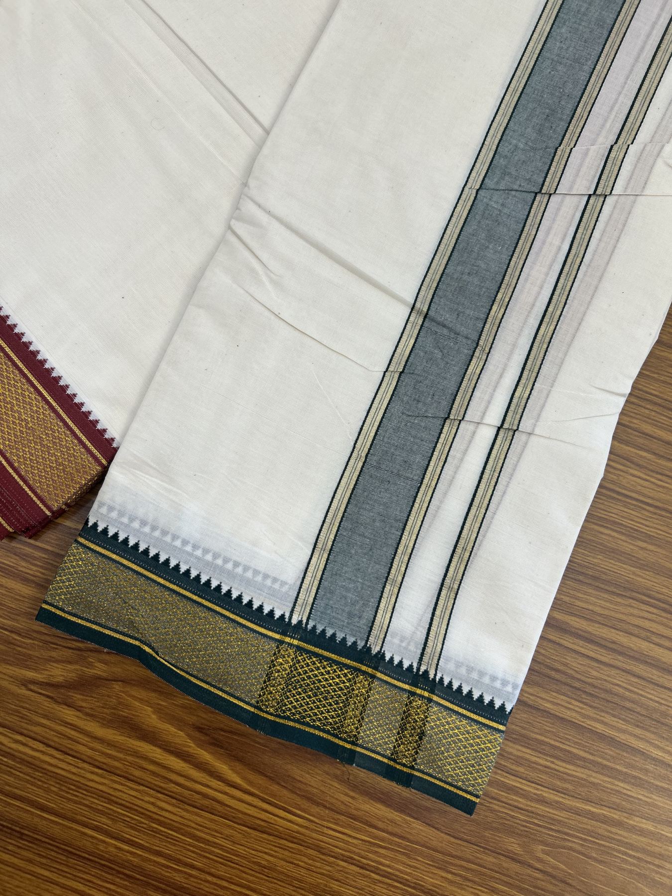 Panchakacham Dhoti - 20% Discount! Kaitharikada Balaramapuram Cotton Mix - Off White - (Unbleached) 80X90 thread - North Iindian- Attached Gamcha - 9x5 Dhoti - 1.5 inch Gold kasav Dark Green & Maroon Striped Design kara - 45 KK8305 PMC