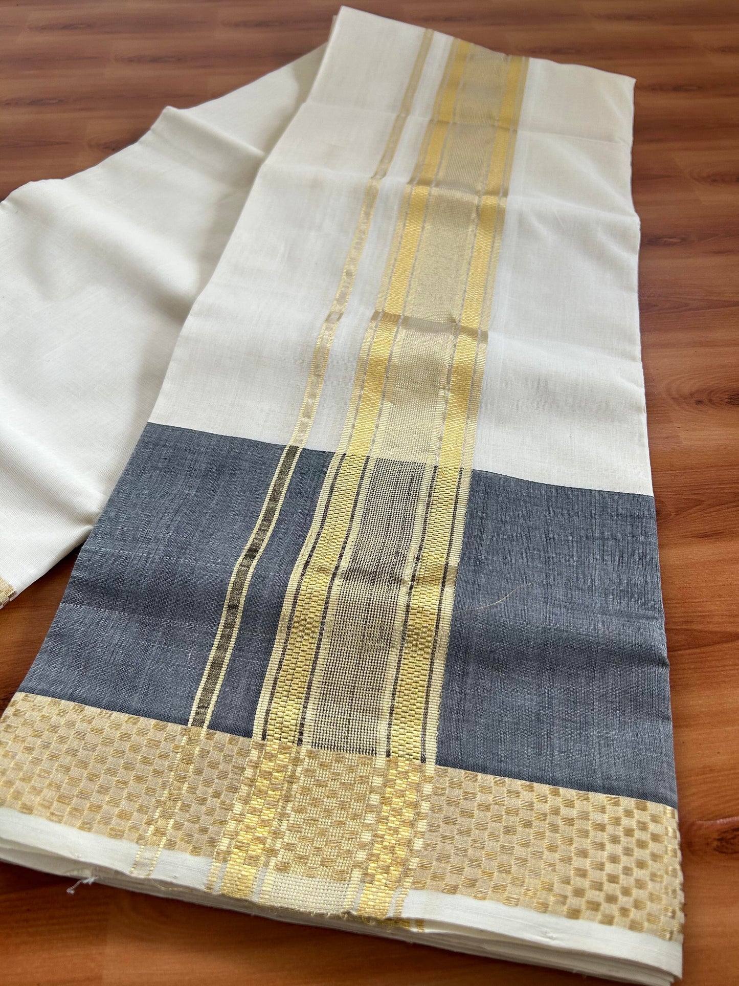 Double Mundu/Dhoti - Off White (Unbleached) - KaithariKada Handloom Unakkupaav - 25% Discount! Kerala Handloom - Pure Cotton - 100x80 - 2.5 inch Light Kasav Designer Kara with Ash Black One side Big Border - 6 KK5394 ABH