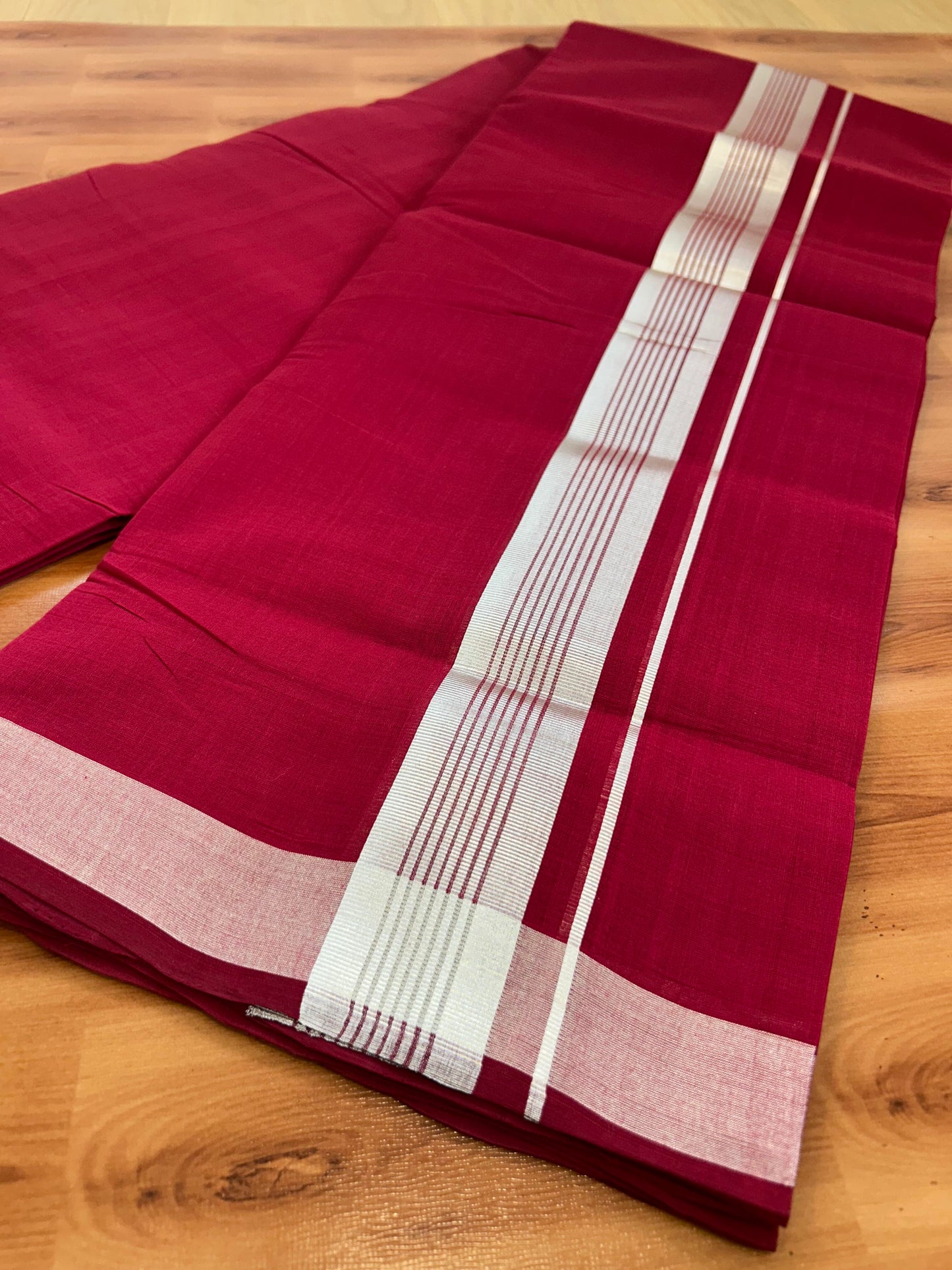 Double Mundu/Dhoti - KaithariKada Handloom Unakkupaav - 25% Discount! Kerala Handloom - Pure Cotton - 100x80 - Maroon Colour Body - 1.75 inch Silver Kasav Striped Kara - 4 KK5394 ABH