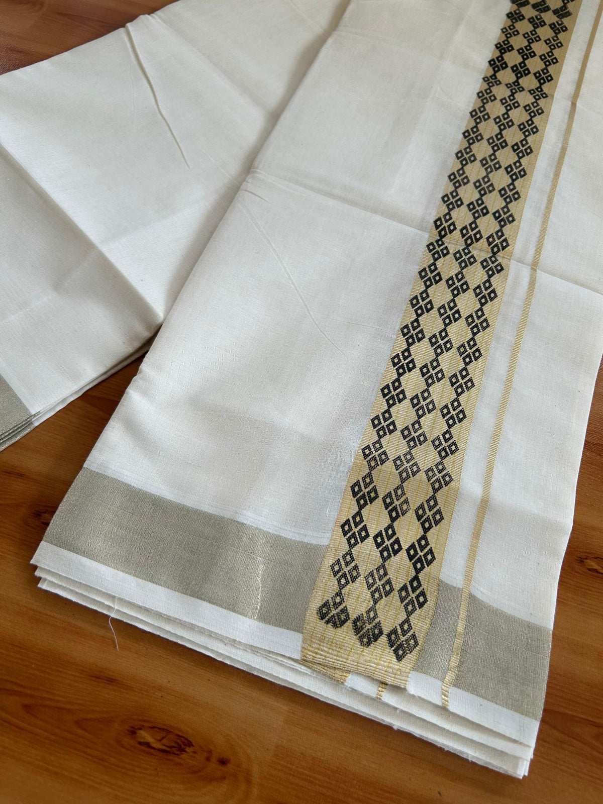 Double Off White (Unbleached) Mundu/Dhoti - 20% Discount! KaithariKada Pulimood 100% Cotton 80x72 - 2 inch Black & Gold Kasav Design Kara - 4 mtr (8.5 muzham) - 67 KK5553 STH
