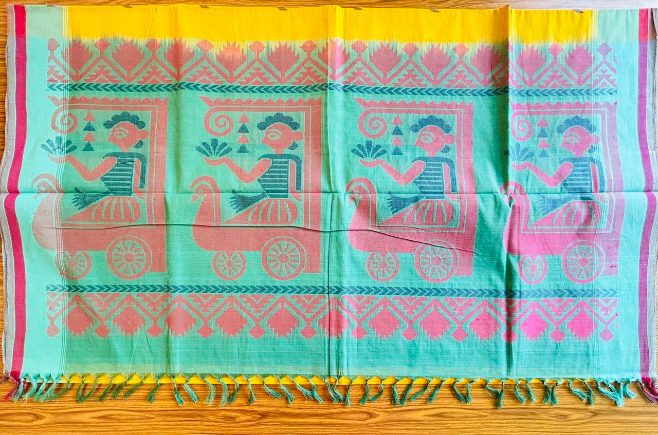 KaithariKada- HANDLOOM UNAKKUPAAV Balaramapuram Saree - 100% PURE Cotton - Yellow, Red & Green Design - 4KK1002KHA