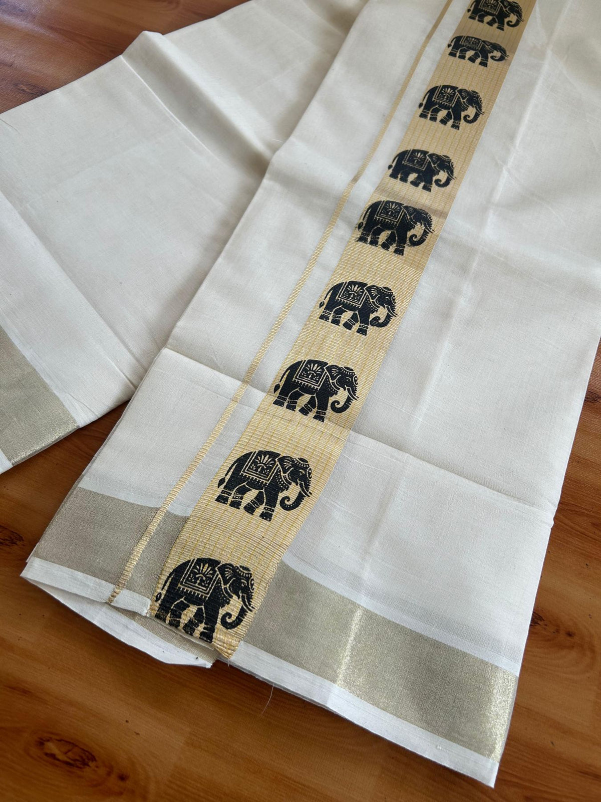 Double Off White (Unbleached) Mundu/Dhoti - 20% Discount! KaithariKada Pulimood 100% Cotton 80x72 - 2 inch Gold Kasav & Black Elephant Printed Design Kara - 4 mtr (8.5 muzham) - 68 KK5553 STH