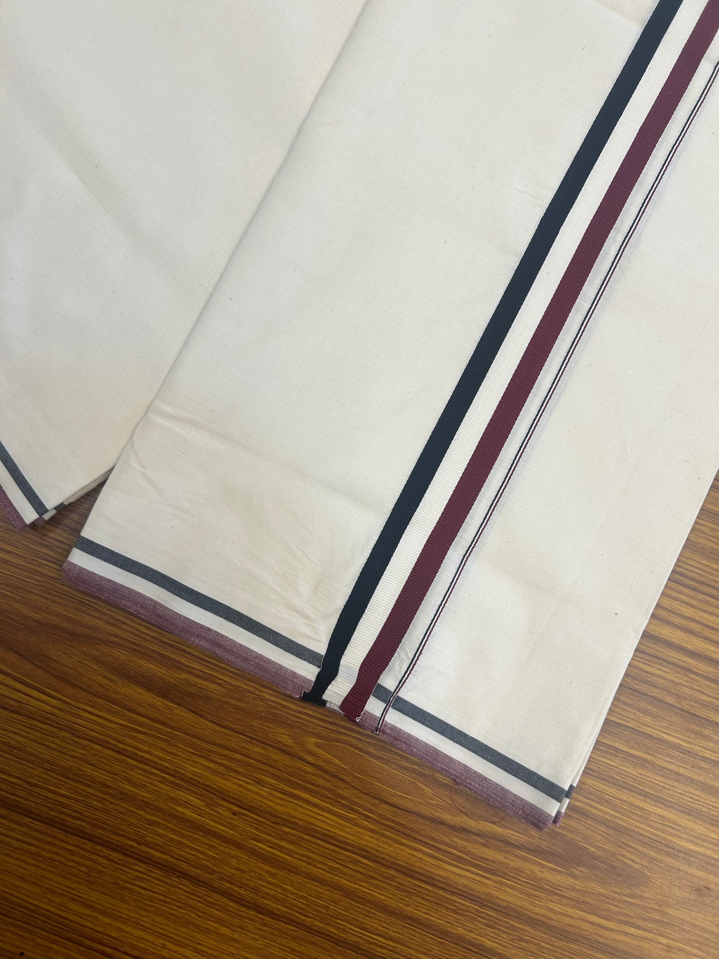 Admk Veshti - 20% Discount KaithariKada 100% Cotton Off White Single - (Unbleached) Mundu/Dhoti - Twisted 100s Thread - 1.25 inch Black White & Maroon kara - 12 KK5378 ASH