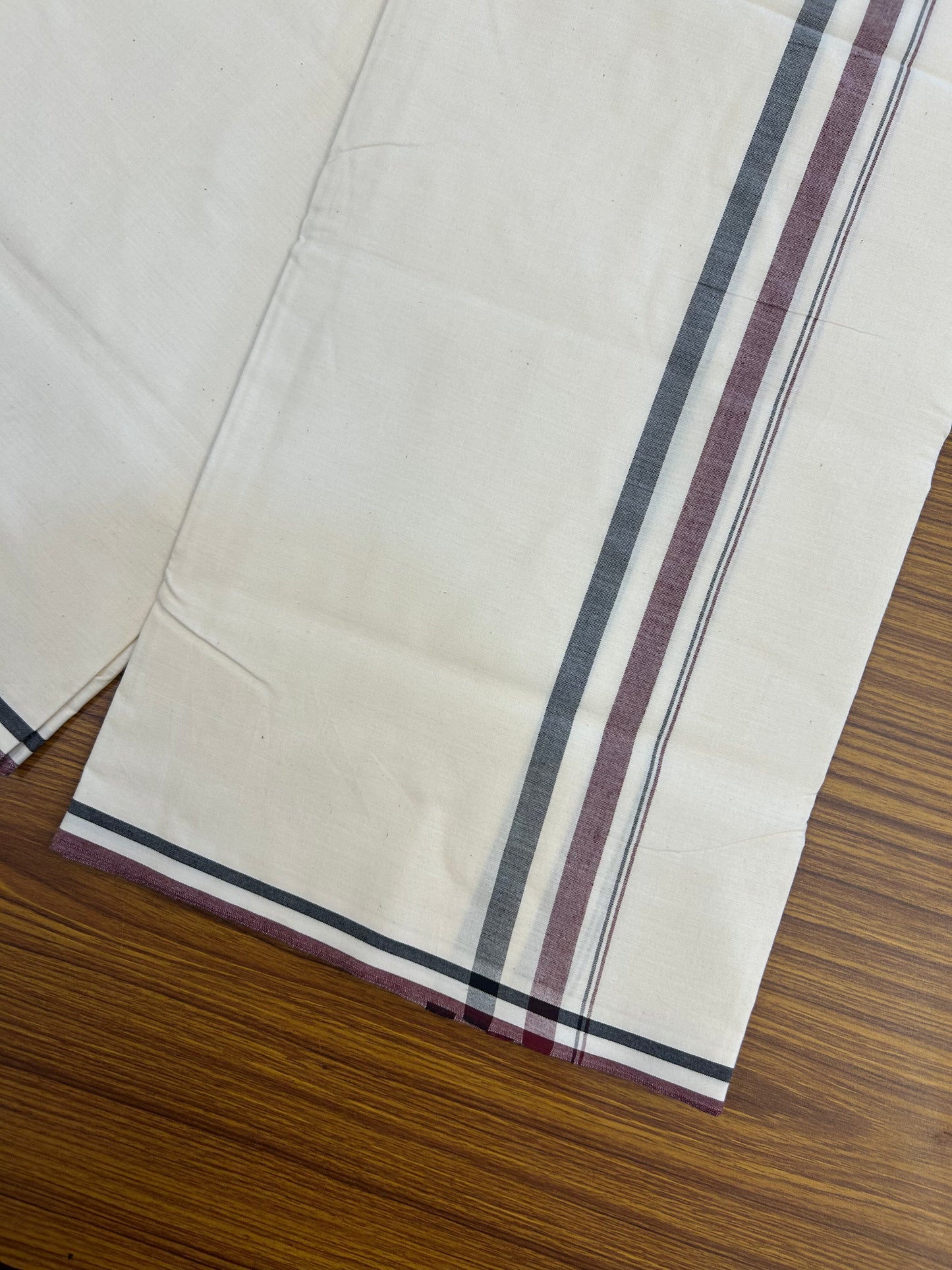 Admk Veshti - 20% Discount KaithariKada 100% Cotton Off White Single - (Unbleached) Mundu/Dhoti - Twisted 100s Thread - 1.5 inch Black White & Maroon Shaded kara - 13 KK5378 ASH