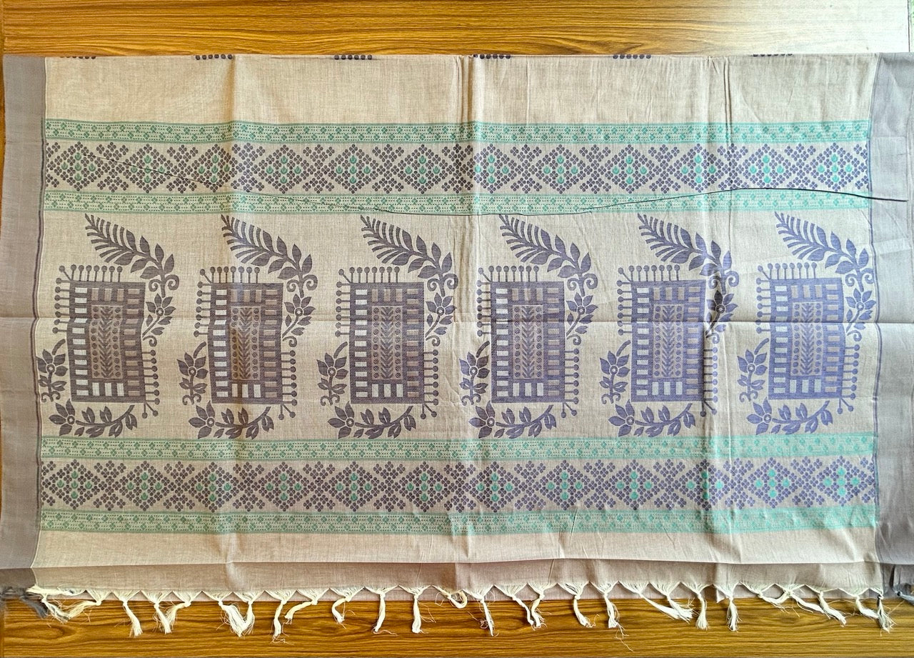 KaithariKada- Balaramapuram Saree - 100% PURE Cotton - Purple Grey Navy Blue & Green Design - 12KK1004RJ.