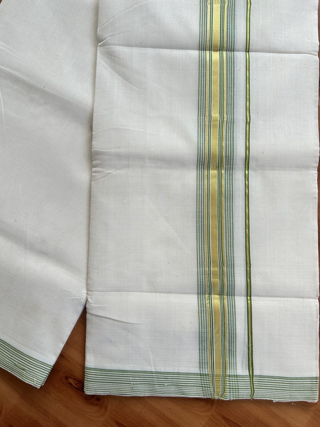 Double Off White (Unbleached) Mundu/Dhoti - 25% Discount! KaithariKada Kerala Handloom Unakkupaav - 100% Pure Cotton - 80x90 - 1.5 inch Gold Kasav & Parrot Green Striped Kara 4 mtr (8.5 Muzham) - 34 KK5438 YAR