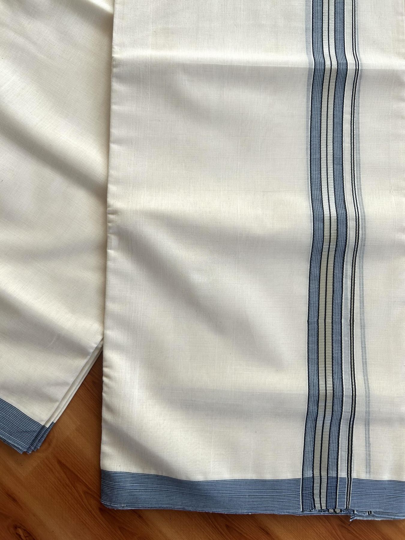 Double Off White (Unbleached) Mundu/Dhoti - 25% Discount! KaithariKada Handloom Unakkupaav Kerala Handloom - Pure Cotton - 80x90 - 1.25 Inch Silver Kasav & Black & Ash Blue Striped Kara 4.50 Mtr (10 Muzham) - 32 KK5438 YAR