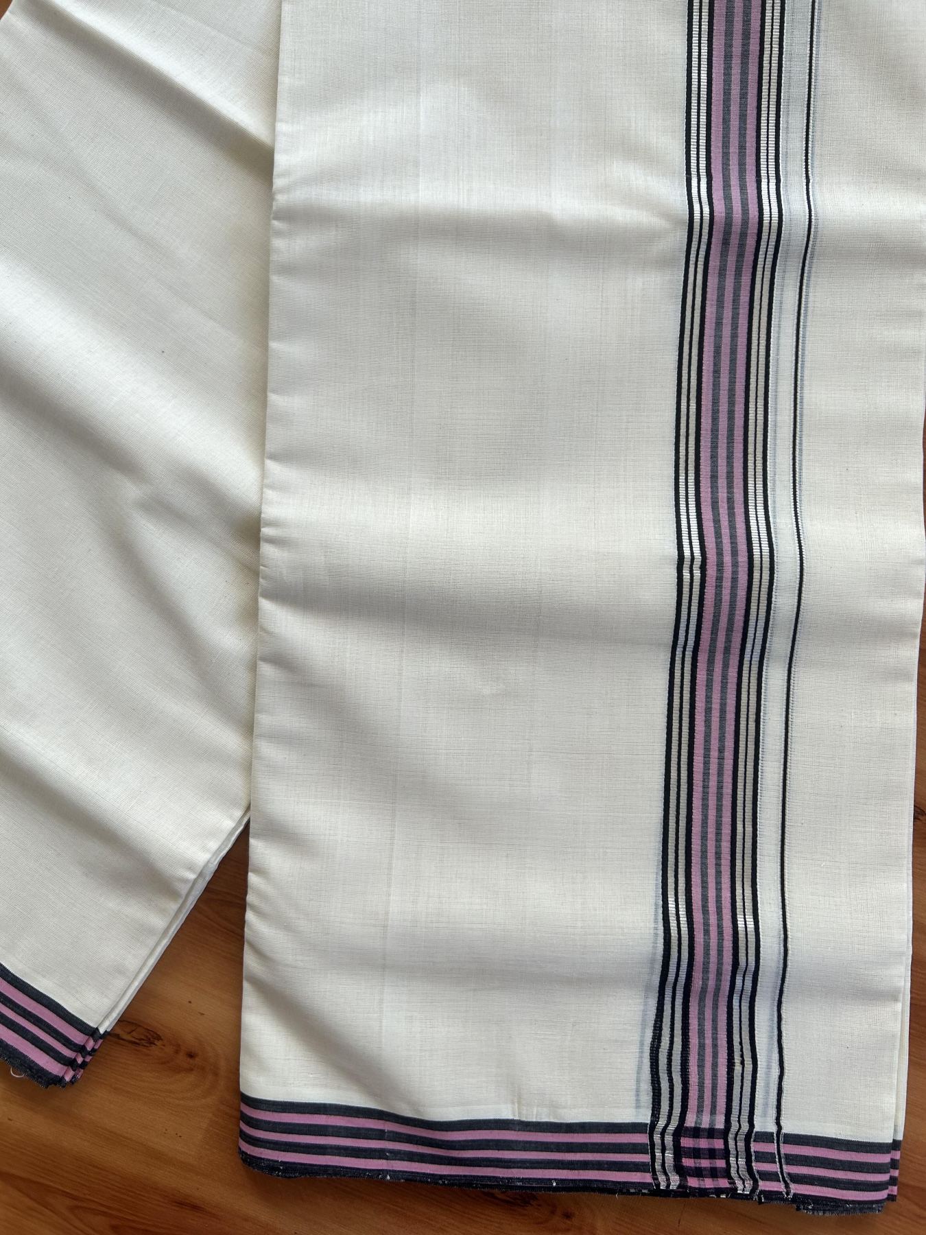 Double Off White (Unbleached) Mundu/Dhoti - 25% Discount! KaithariKada Handloom Unakkupaav Kerala Handloom - Pure Cotton - 80x90 - 1.25 Inch Silver Kasav & Black & Pink Striped Kara 4.50 Mtr (10 Muzham) - 31 KK5438 YAR