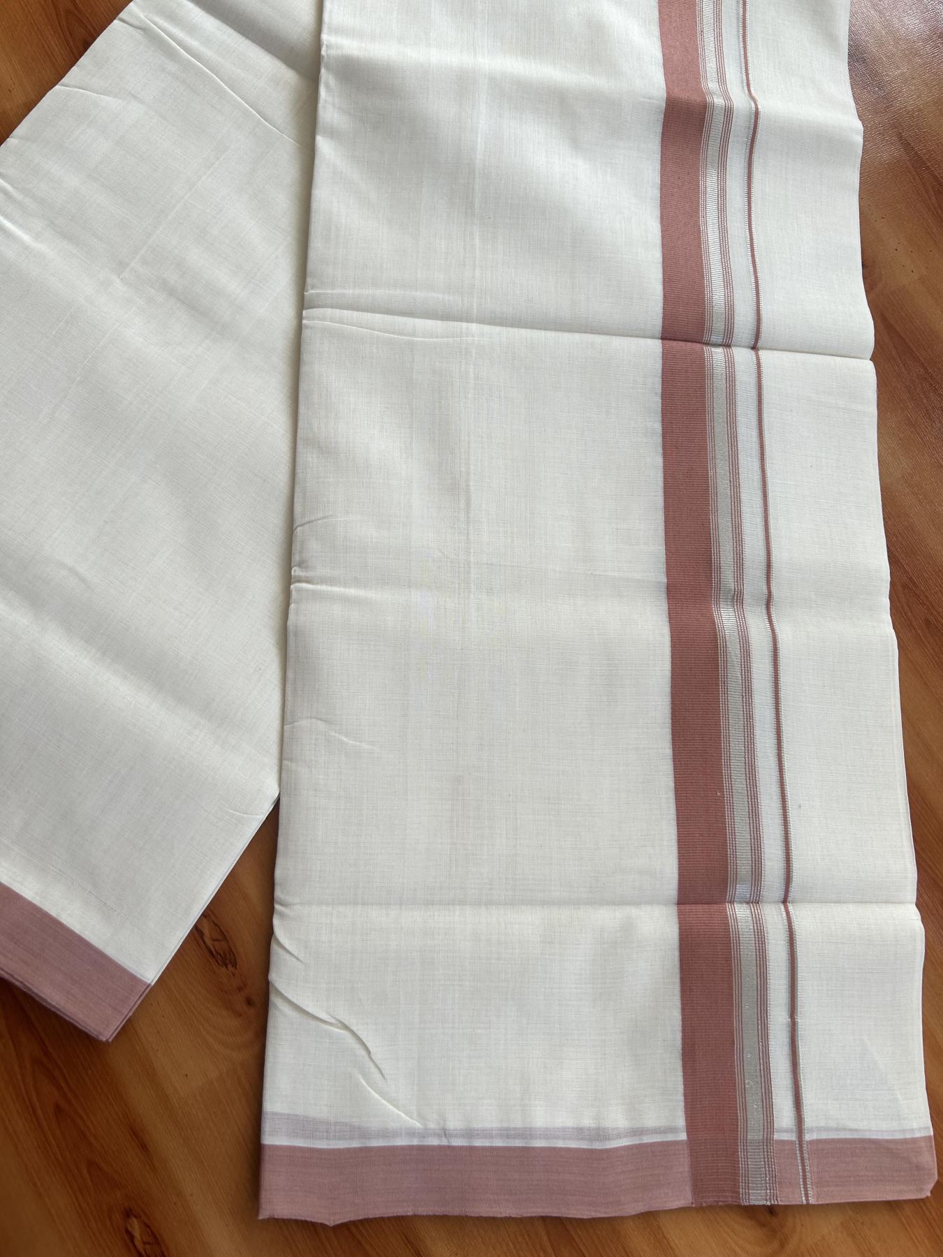 Double Off White (Unbleached) Mundu/Dhoti - 25% Discount! KaithariKada Handloom Unakkupaav Kerala Handloom - Pure Cotton - 80x90 - 1.25 Inch Silver Kasav & Dusty Peach Striped Kara 4.50 Mtr (10 Muzham) - 30 KK5438 YAR