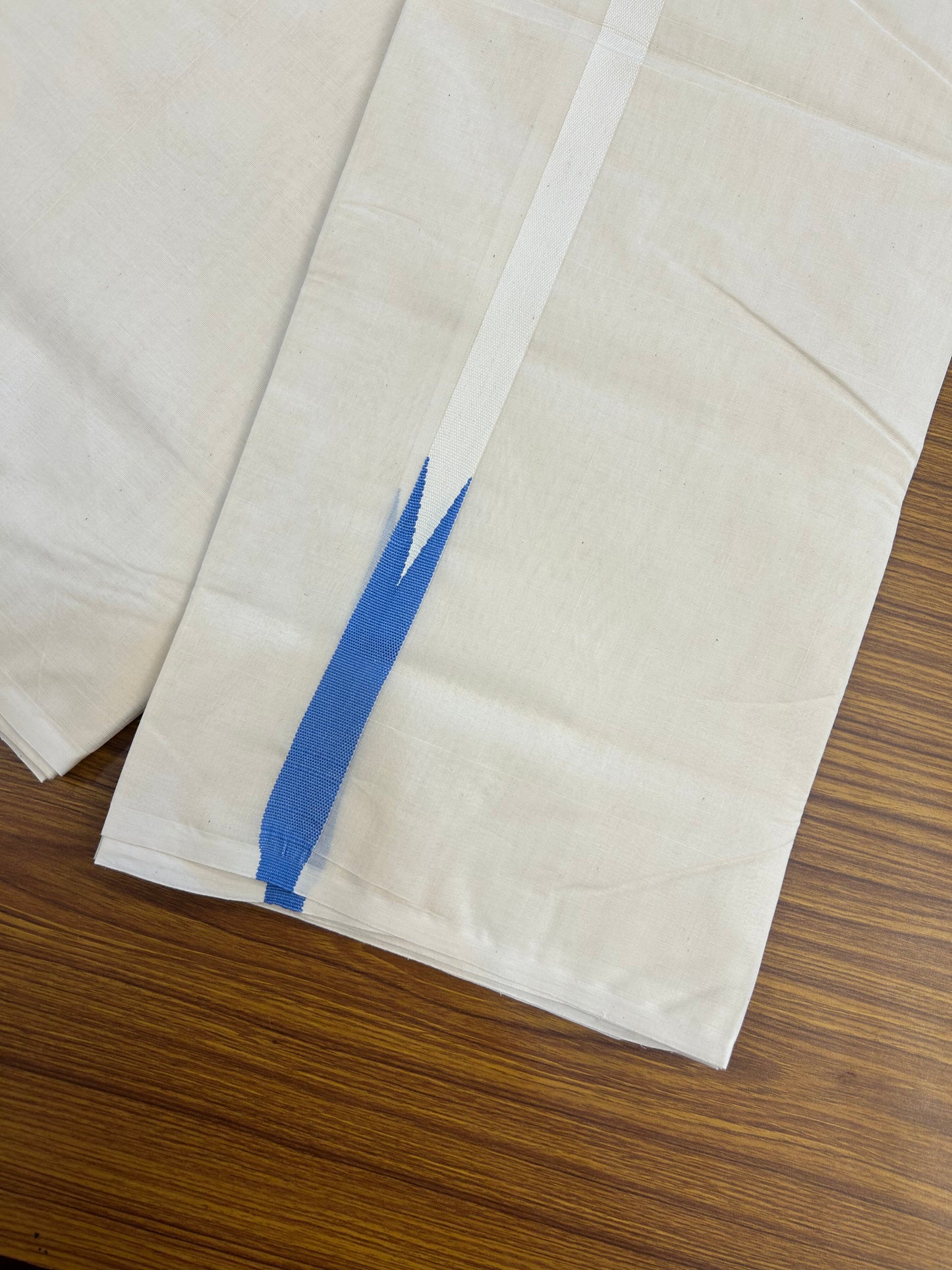 20% Discount!! KaithariKada Balaramapuram 100% Cotton Off White Double - (Unbleached) Mundu/Dhoti- 100x100 - 0.75 Inch Puliyilakkara Blue Chutty Kara - 4 mtr (8.5 muzham) - 7 KK5378 ASH