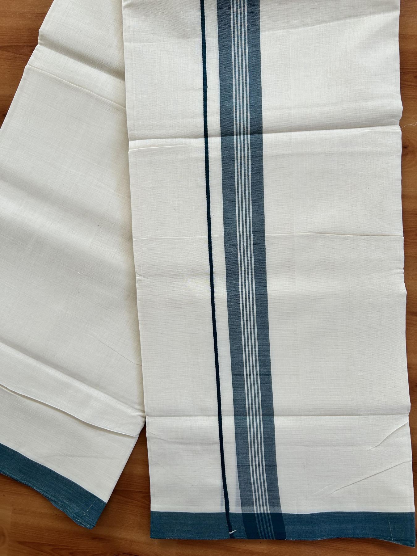 Double Off White (Unbleached) Mundu/Dhoti - 25% Discount! KaithariKada Handloom Unakkupaav - Kerala Handloom - Pure Cotton - 80x90 - 1.5 Inch Green Shaded Striped Kara 4 mtr (8.5 Muzham) - 1 KK5439 YAR