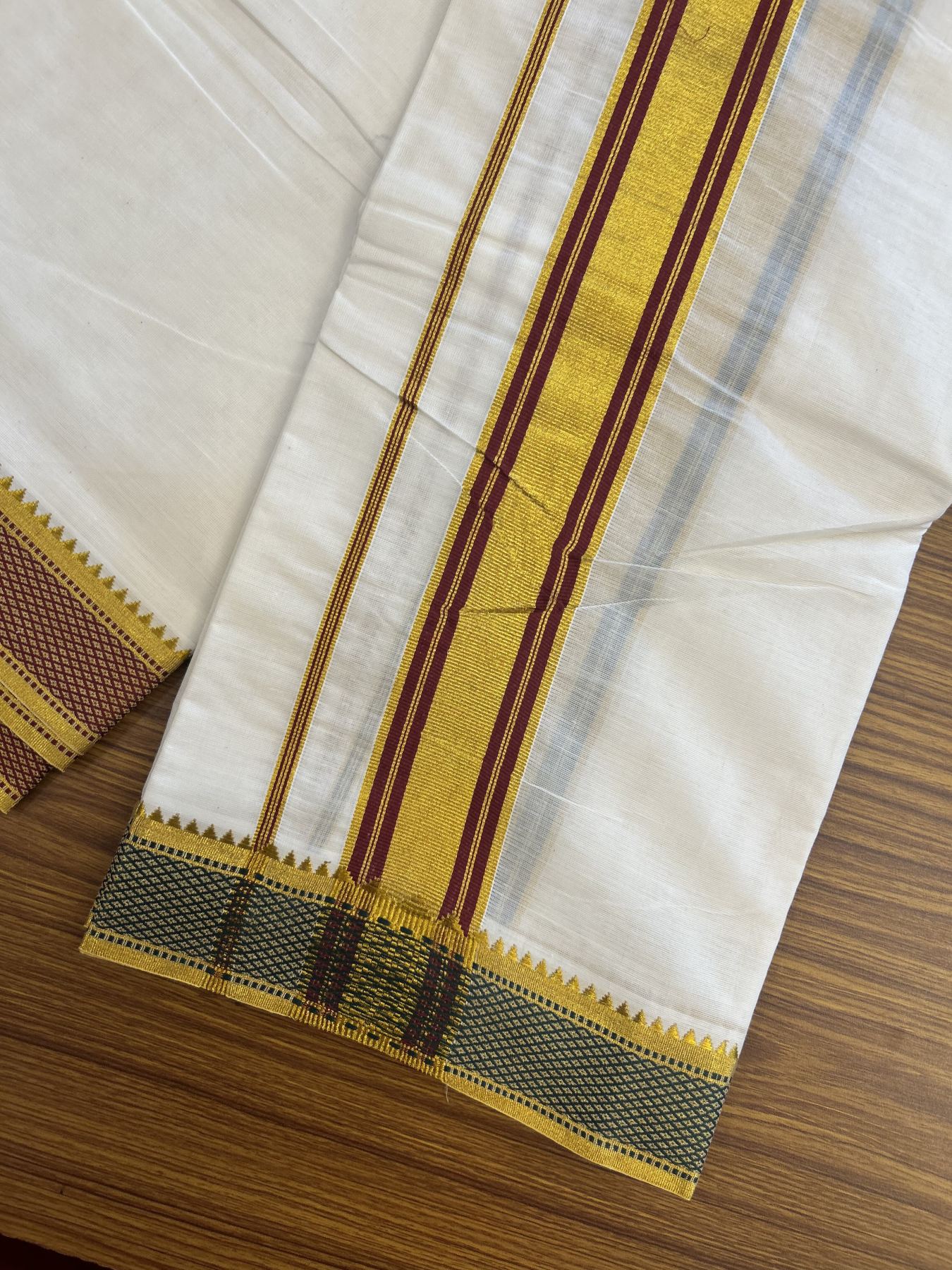 Panchakacham Dhoti - 20% Discount! KaithariKada Mixed Cotton Off White - (Unbleached) 80X90 thread - North Indian - Attached Gamcha - 9x5 Dhoti - 2 inch Maroon Gold Kasav Kara With Green ,Maroon & Gold Kasav Design border - 3 KK8305 PMC