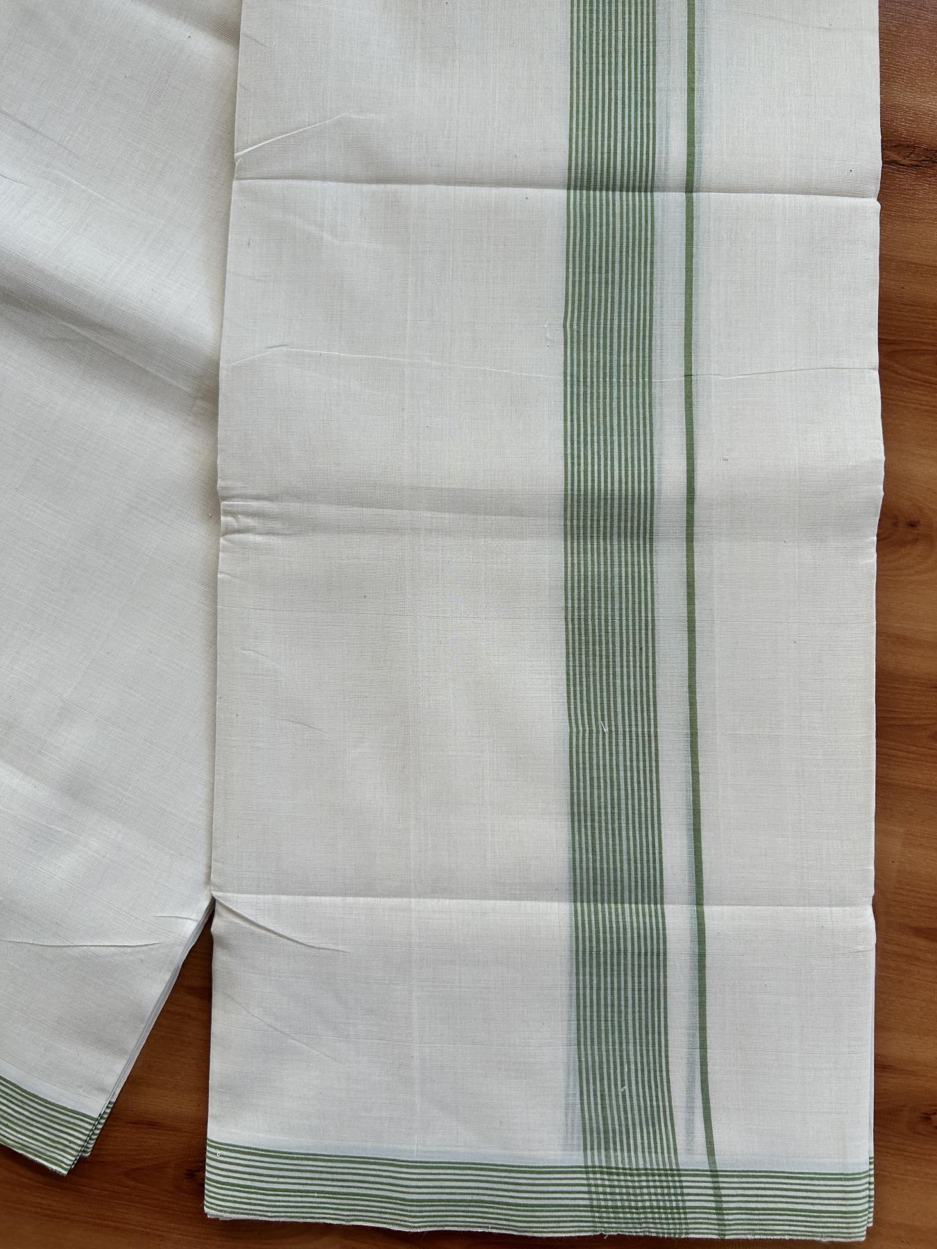 Double Off White (Unbleached) Mundu/Dhoti - 25% Discount! KaithariKada Handloom Unakkupaav - Kerala Handloom - Pure Cotton - 80x90 - 1.25 Inch Parrot Green Shaded Striped Kara 4 mtr (8.5 Muzham) - 6 KK5439 YAR