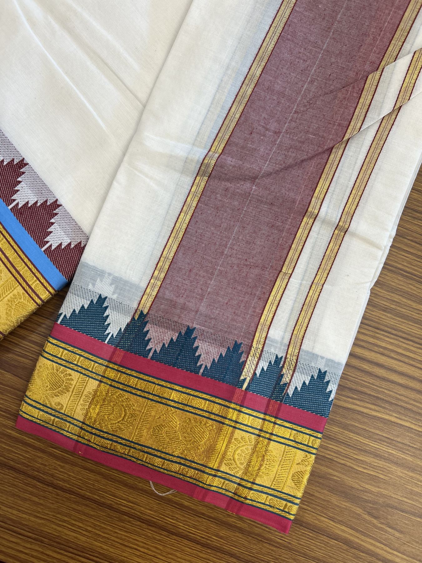 Panchakacham Dhoti - 20% Discount! KaithariKada Mixed Cotton Off White - (Unbleached) 80X90 thread - North Indian - Attached Gamcha 9x5 Dhoti - 4 inch Maroon Gold Kasav Kara - 4 KK8305 PMC