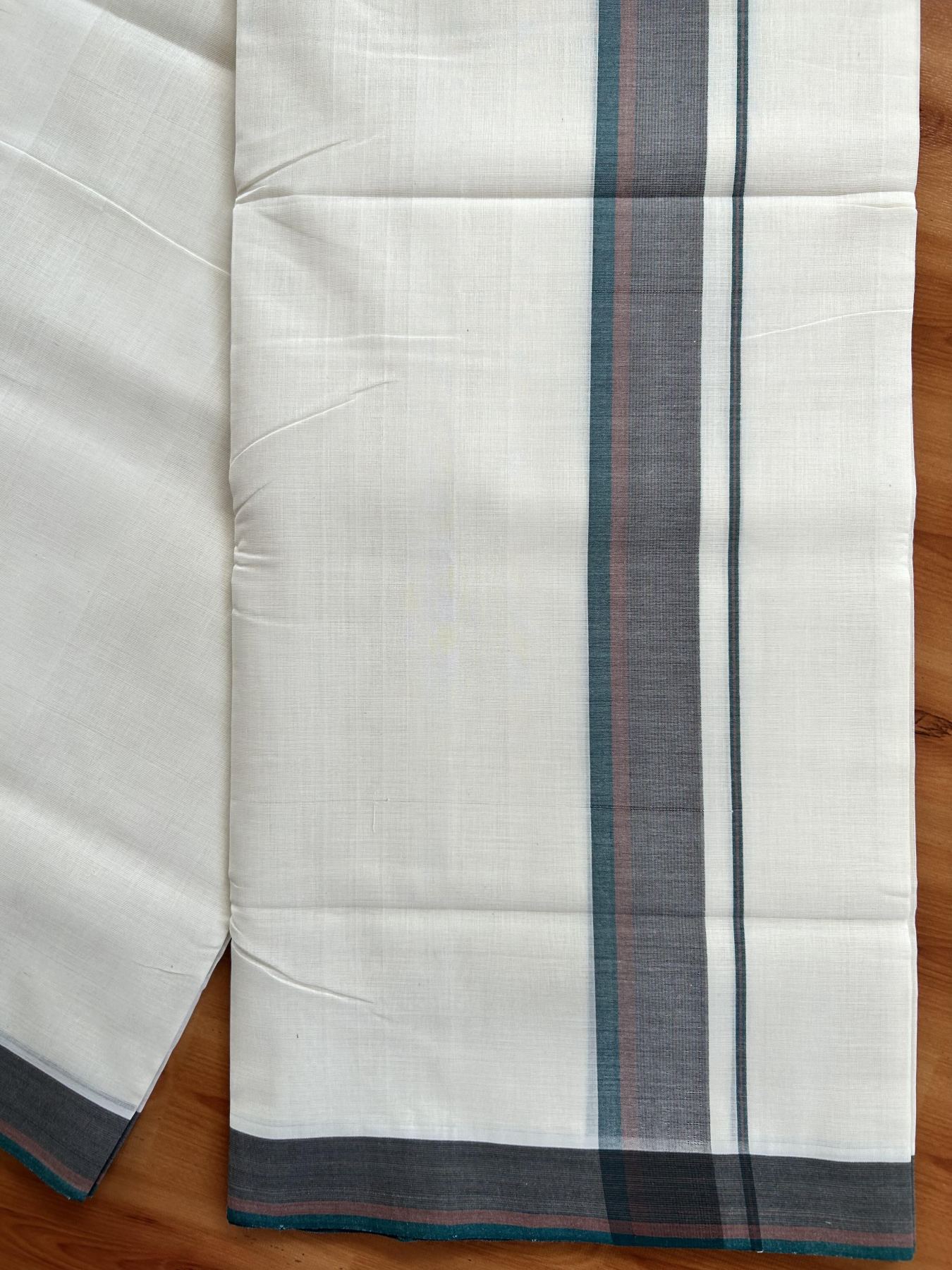 Double Off White (Unbleached) Mundu/Dhoti - 25% Discount! KaithariKada Handloom Unakkupaav - Kerala Handloom - Pure Cotton - 80x90 - 1.25 Inch Green & Brick Orange Shaded Striped Kara 4 mtr (8.5 Muzham) - 4 KK5439 YAR