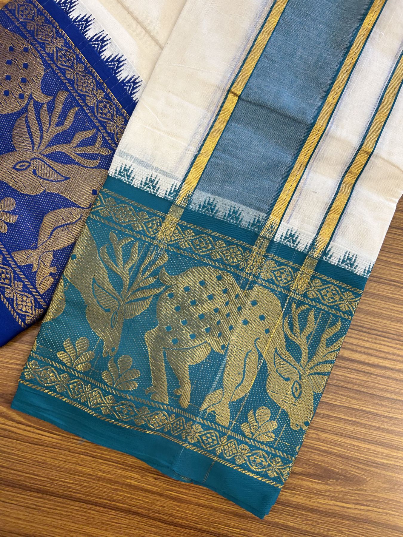 Panchakacham Dhoti - 20% Discount! Kaitharikada Balaramapuram Cotton Mix - Off White - (Unbleached) 80X90 thread - North Iindian - Attached Gamcha - 9x5 Dhoti - 3.75 inch Gold kasav Blue & Green kara - 7 KK8305 PMC