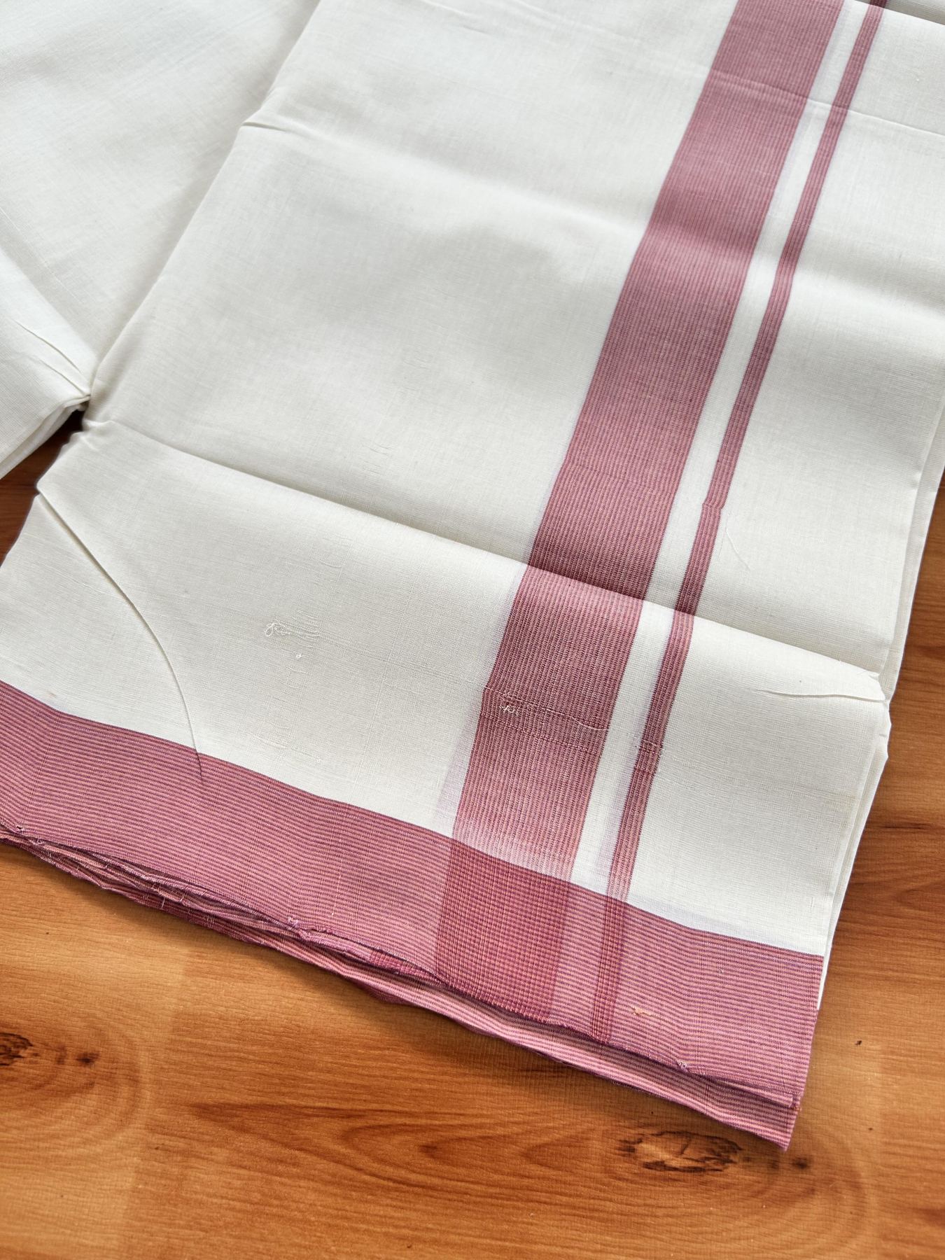 Double Off White (Unbleached) Mundu/Dhoti - 25% Discount! KaithariKada Handloom Unakkupaav - Kerala Handloom - Pure Cotton - 80x90 - 1.25 Inch Yellow & Magenta Striped Kara 4 mtr (8.5 Muzham) - 11 KK5439 YAR