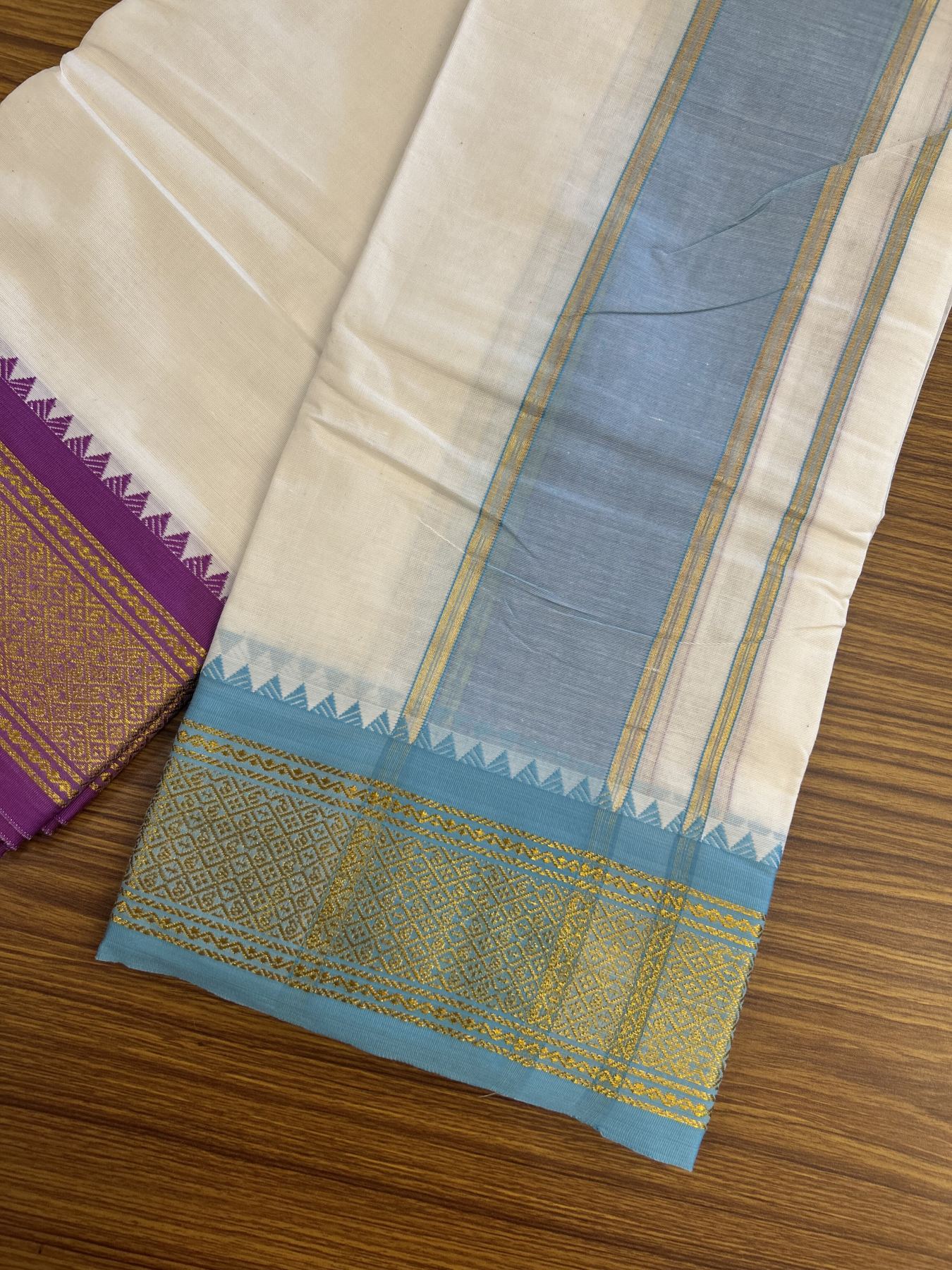 Panchakacham Dhoti - 20% Discount! Kaitharikada Balaramapuram Cotton Mix - Off White - (Unbleached) 80X90 thread - North Iindian - Attached Gamcha - 9x5 Dhoti - 3.5 inch Gold kasav Light Blue & Purple kara - 9 KK8305 PMC
