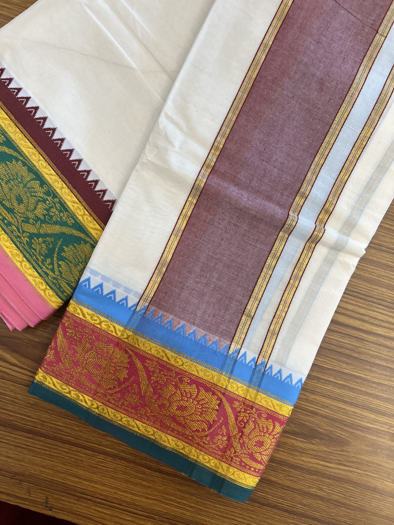 Panchakacham Dhoti - 20% Discount! Kaitharikada Balaramapuram Cotton Mix - Off White - (Unbleached) 80X90 thread - North Iindian - Attached Gamcha - 9x5 Dhoti - 5.25 inch Gold Kasav Maroon & Blue Heavy Design kara - 15 KK8305 PMC