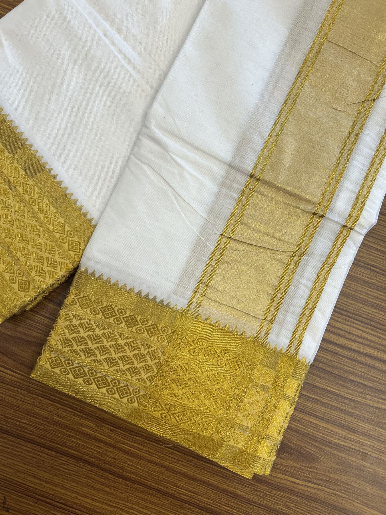 Panchakacham Dhoti - 20% Discount! KaithariKada Cotton Mix Off White - (Unbleached) 80X90 thread - North Indian- Attached Gamcha - 9x5 Dhoti - 4.5 inch Gold Kasav Design border - 1 KK8305 PMC