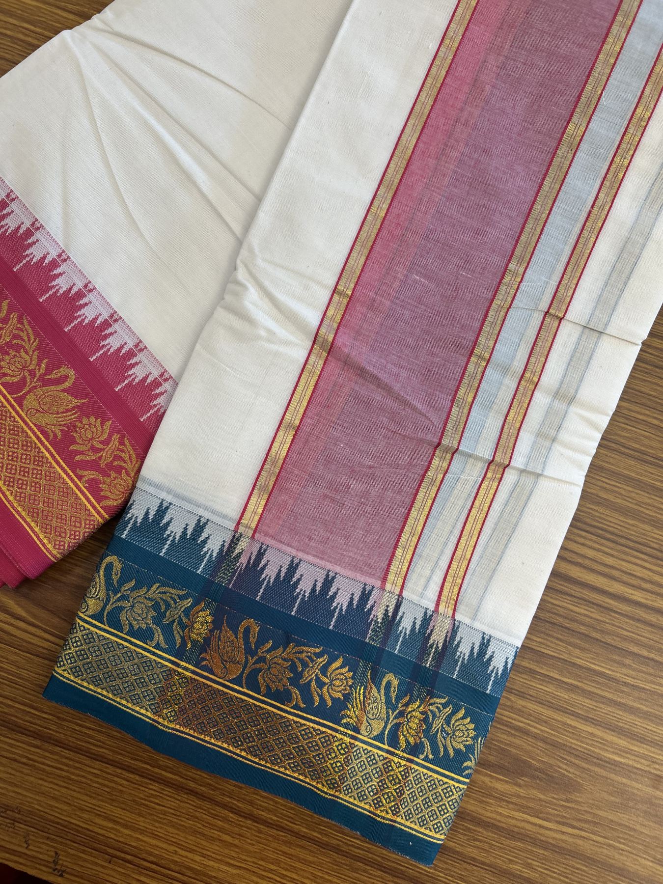 Panchakacham Dhoti - 20% Discount! Kaitharikada Balaramapuram Cotton Mix - Off White - (Unbleached) 80X90 thread - North Iindian - Attached Gamcha - 9x5 Dhoti - 3.75 inch Gold kasav Peacock Green & Rani Pink kara - 8 KK8305 PMC